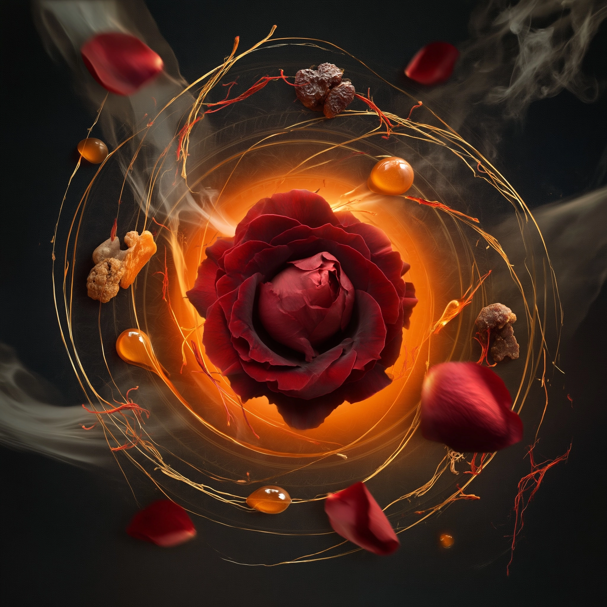 Abstract luxury perfume packaging background art, large deep crimson rose bloom center