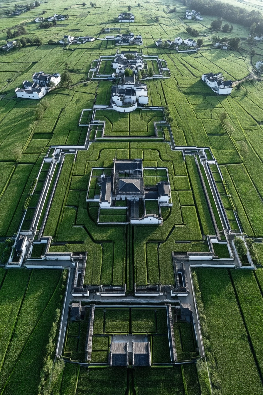 Aerial bird's-eye panoramic view, large areas of lush green rice fields interwoven with Huizhou-styl