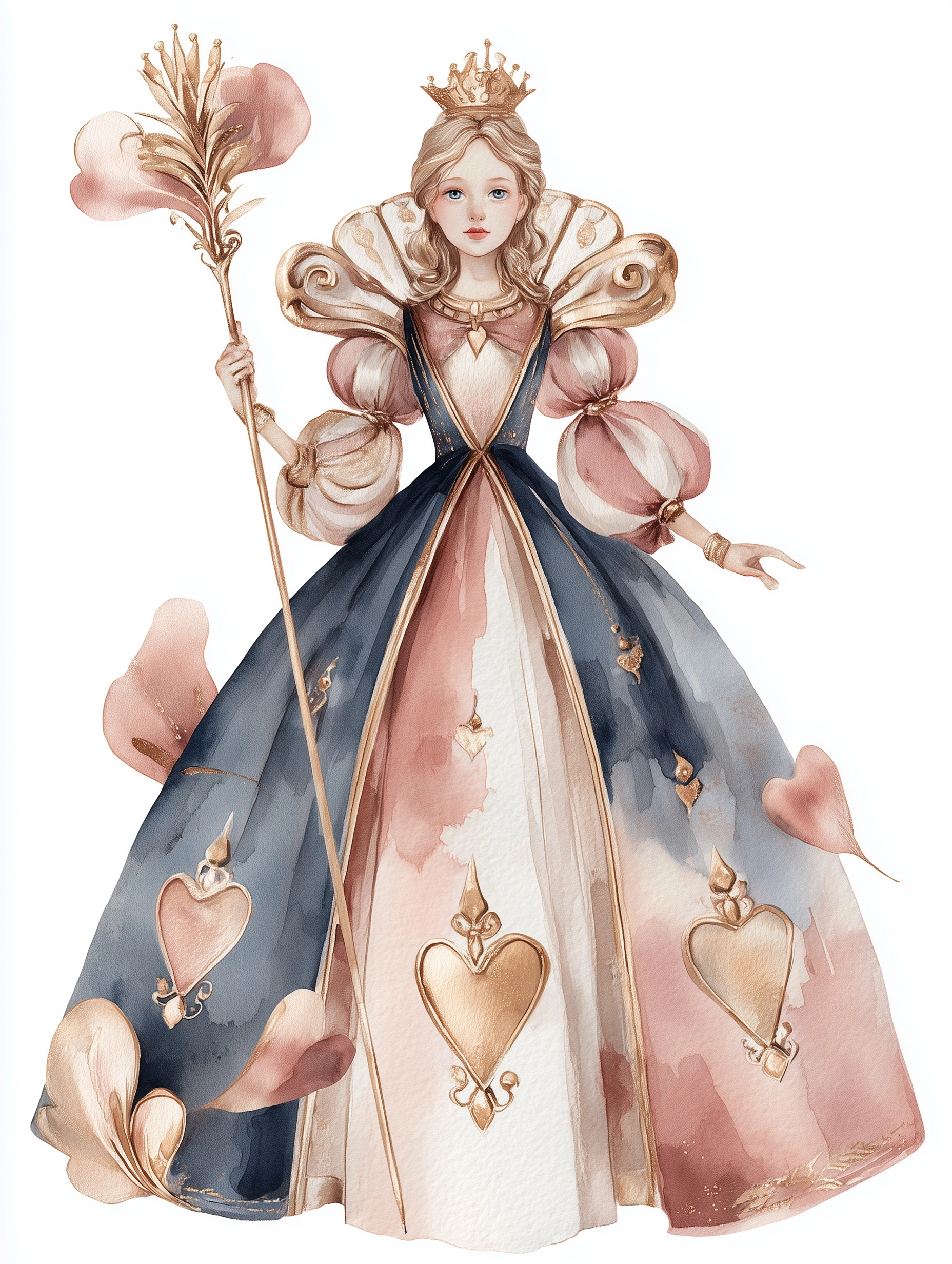 Alice in Wonderland clipart, young girl wearing a structured gown with heart motifs