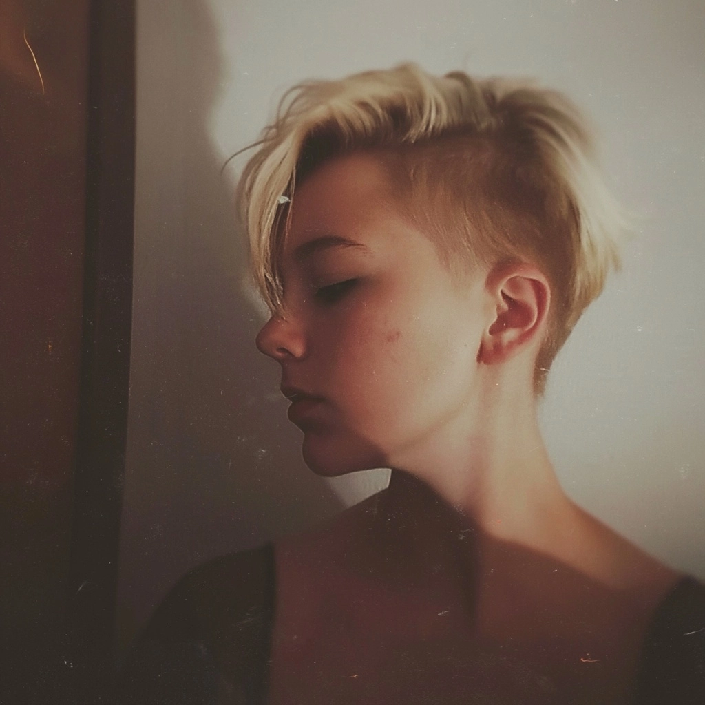 Amateur photography, deviant art model type, blonde woman with short hair and shaved sides. photo ta