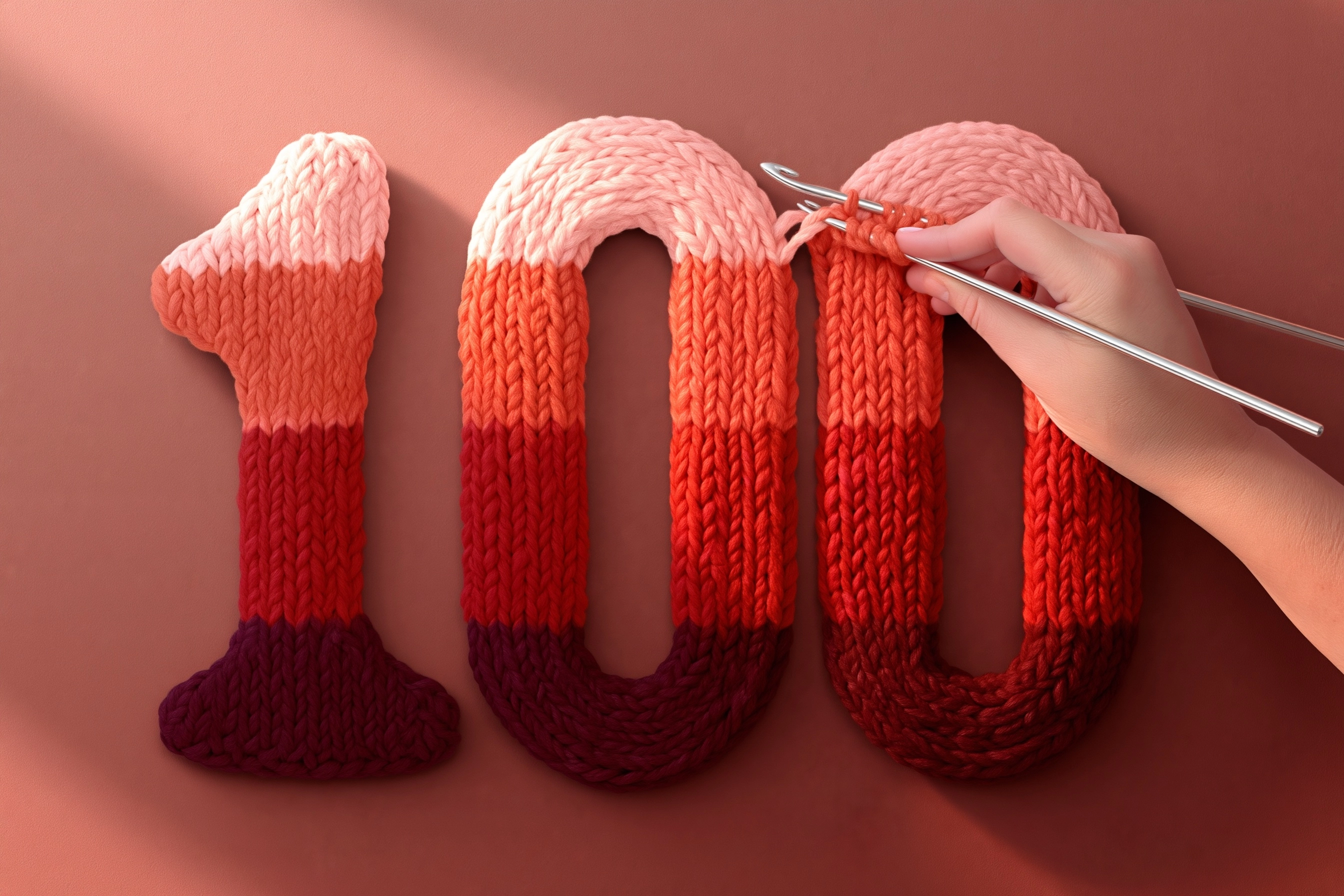 Detailed macro photo of the number '100000' created from a realistic, textured knitted yarn