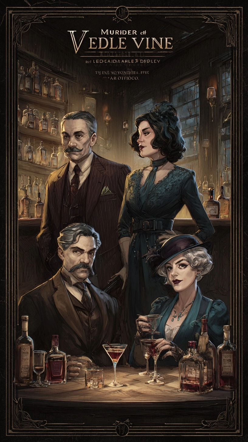 An art deco style poster for "Murder at the VelvetVine" show