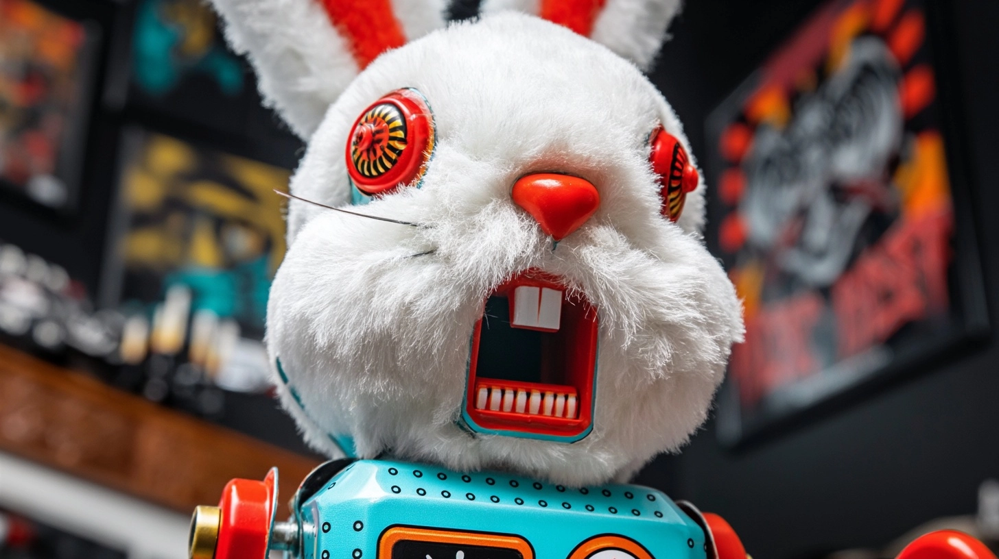 An Easter bunny dressed in a tin toy outfit, with its mouth wide open
