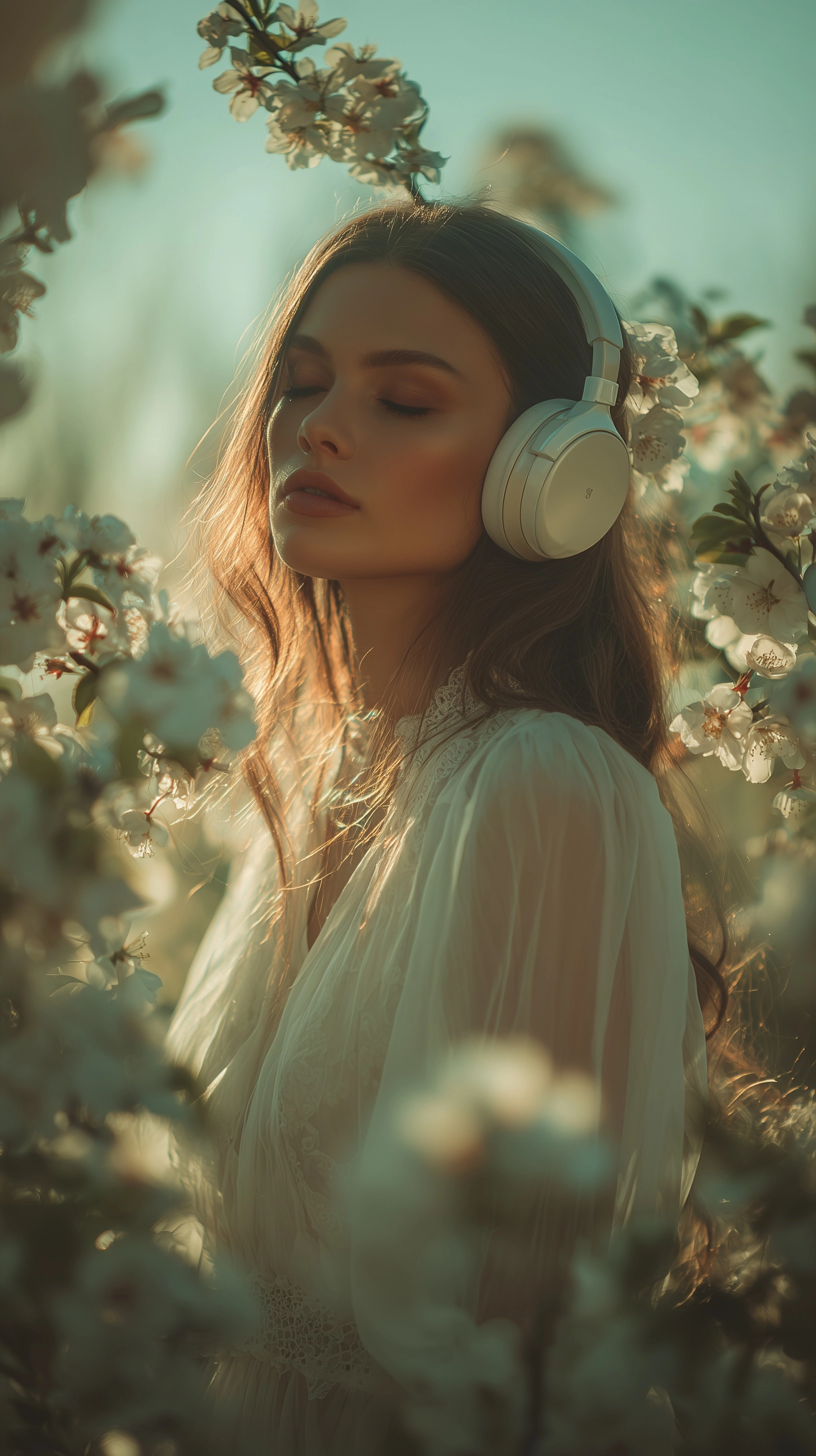 An ethereal woman standing in a sunlit flower garden