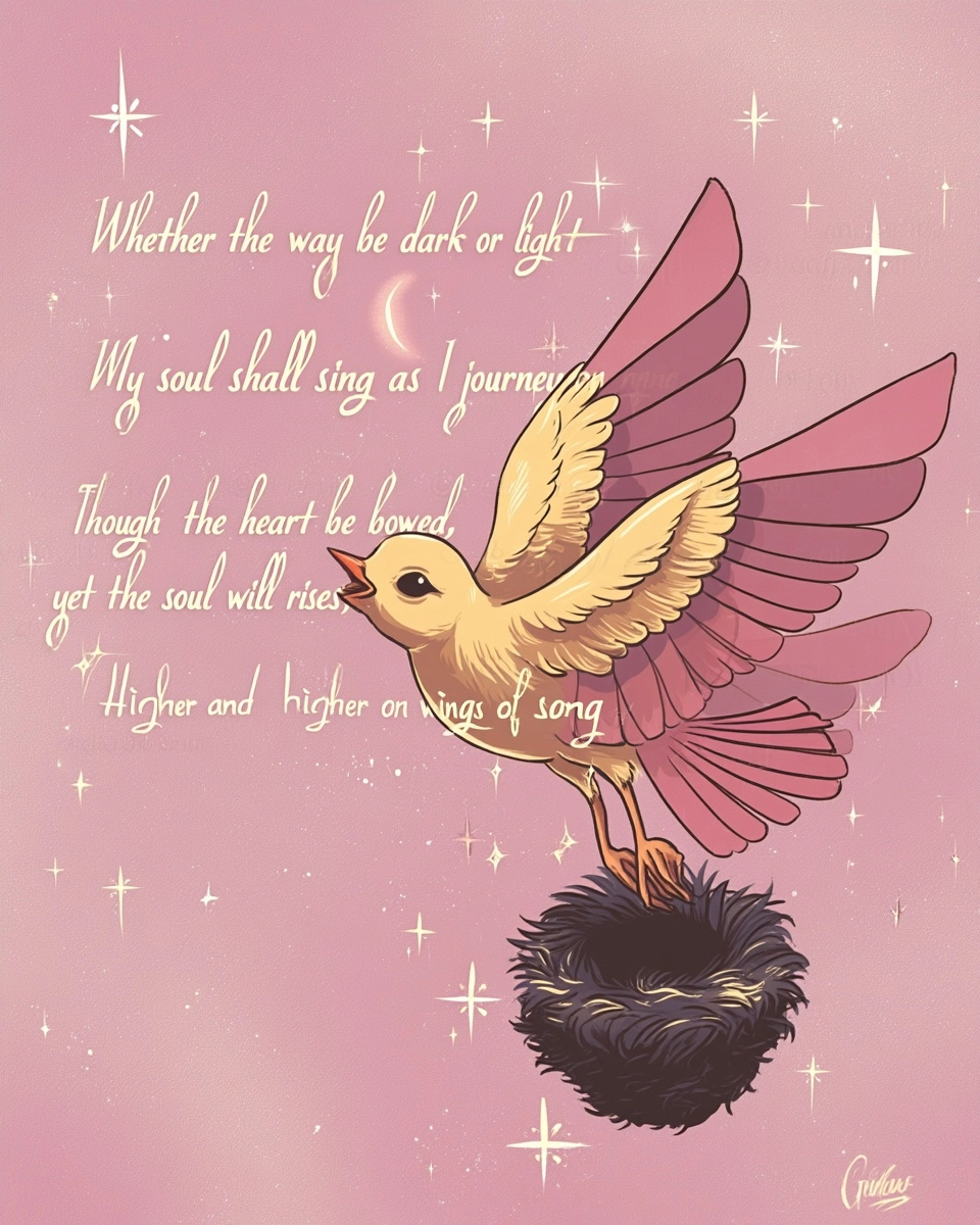 An illustrated poem with a young bird leaping from a nest. In elegant text