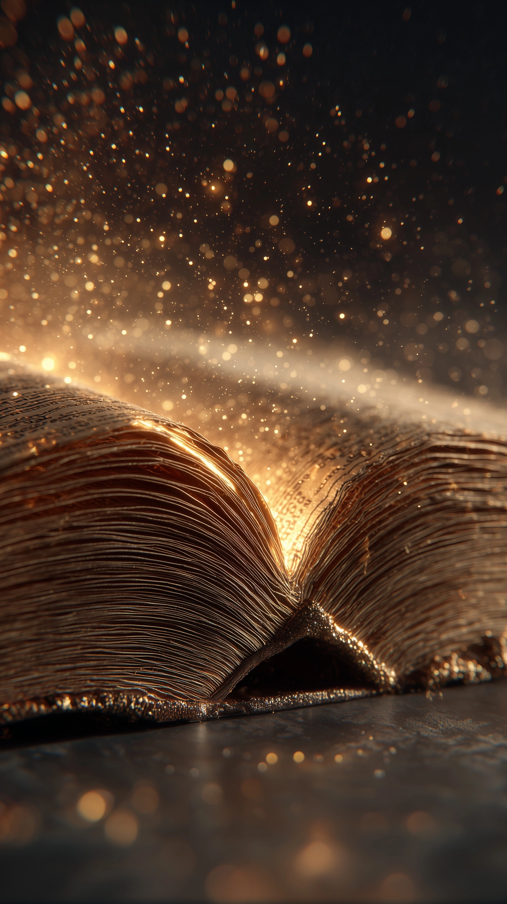Ancient glowing Bible floating in darkness, pages turning by themselves