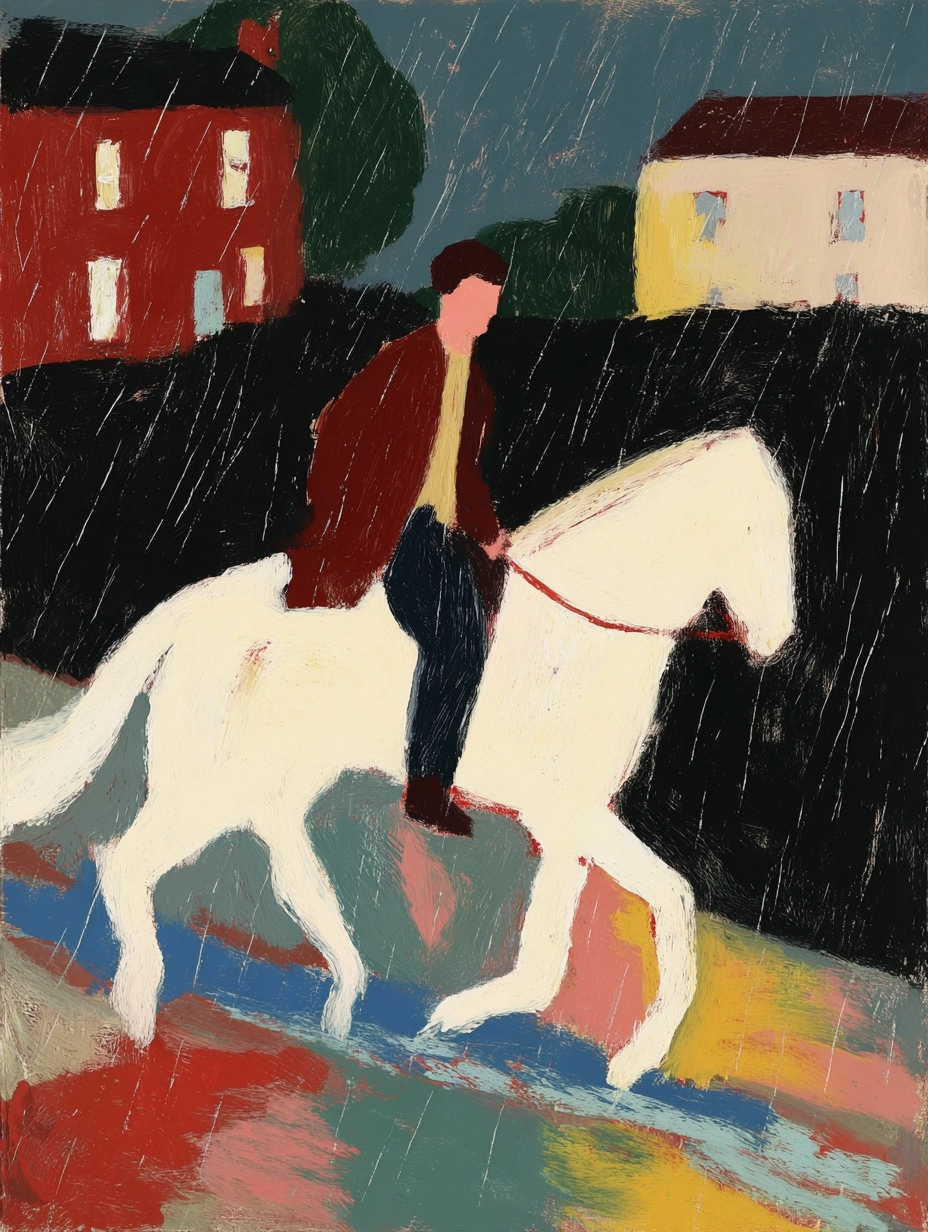 A thin boy rides a white horse, whip in hand, galloping through the dark