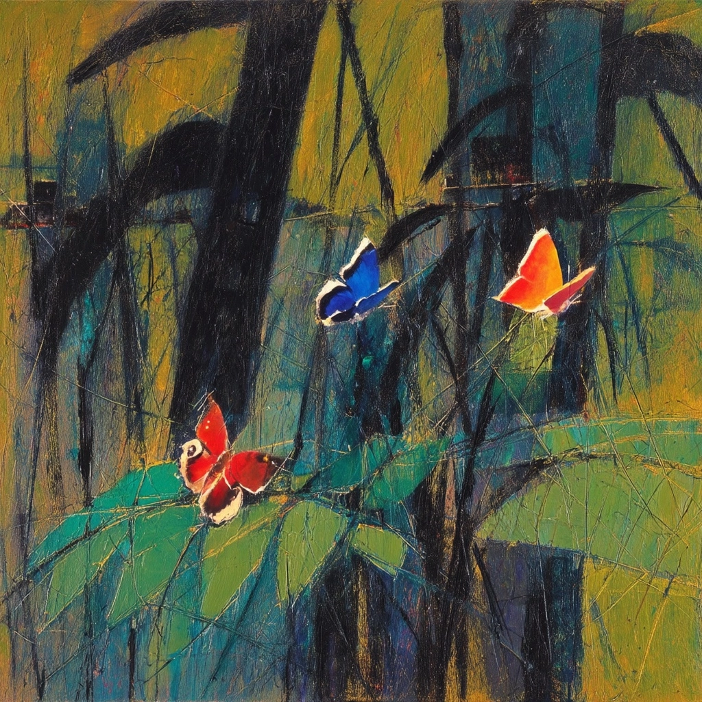 Flying butterflies in a very messy painting art style