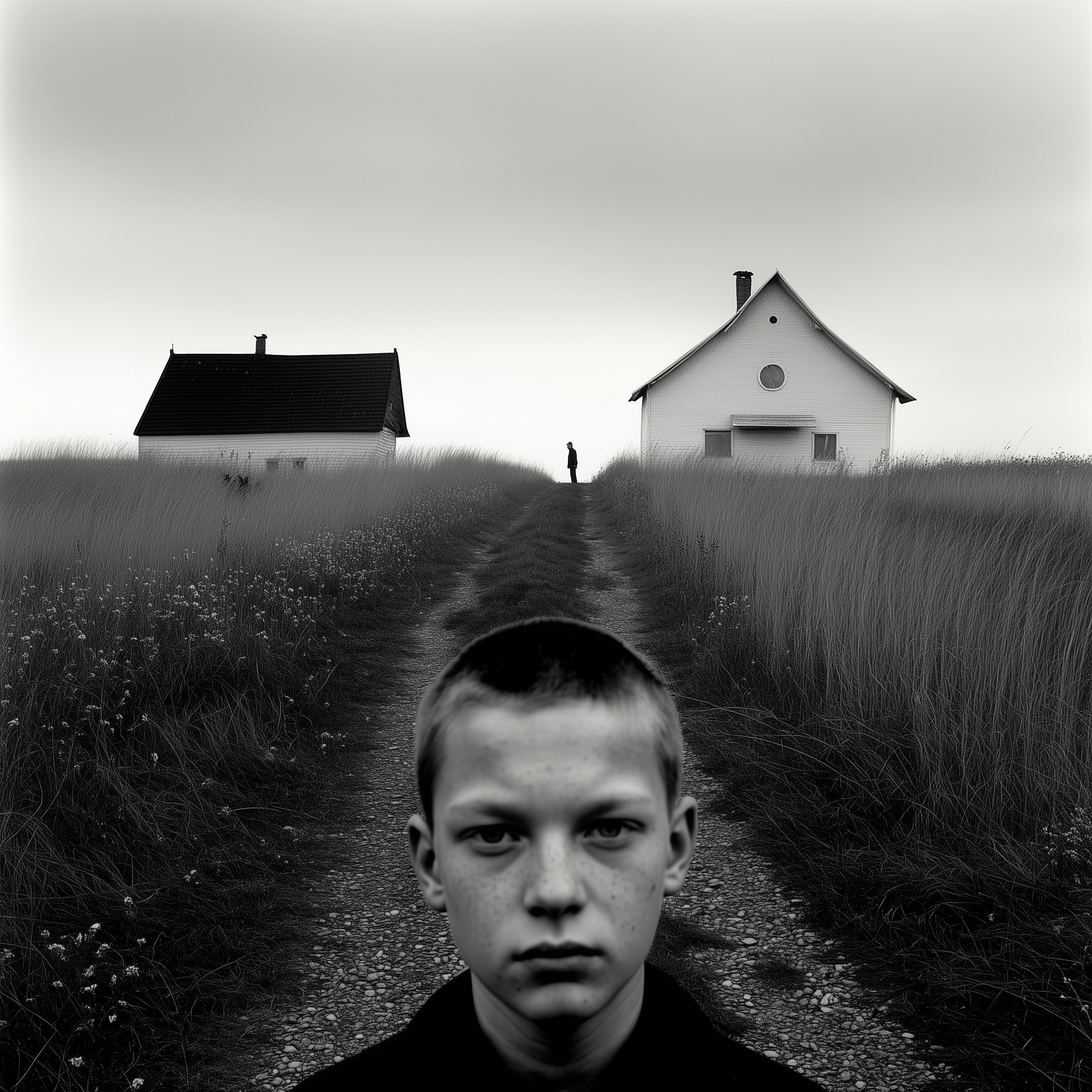 Black and white rural photograph in the style of Béla Tarr