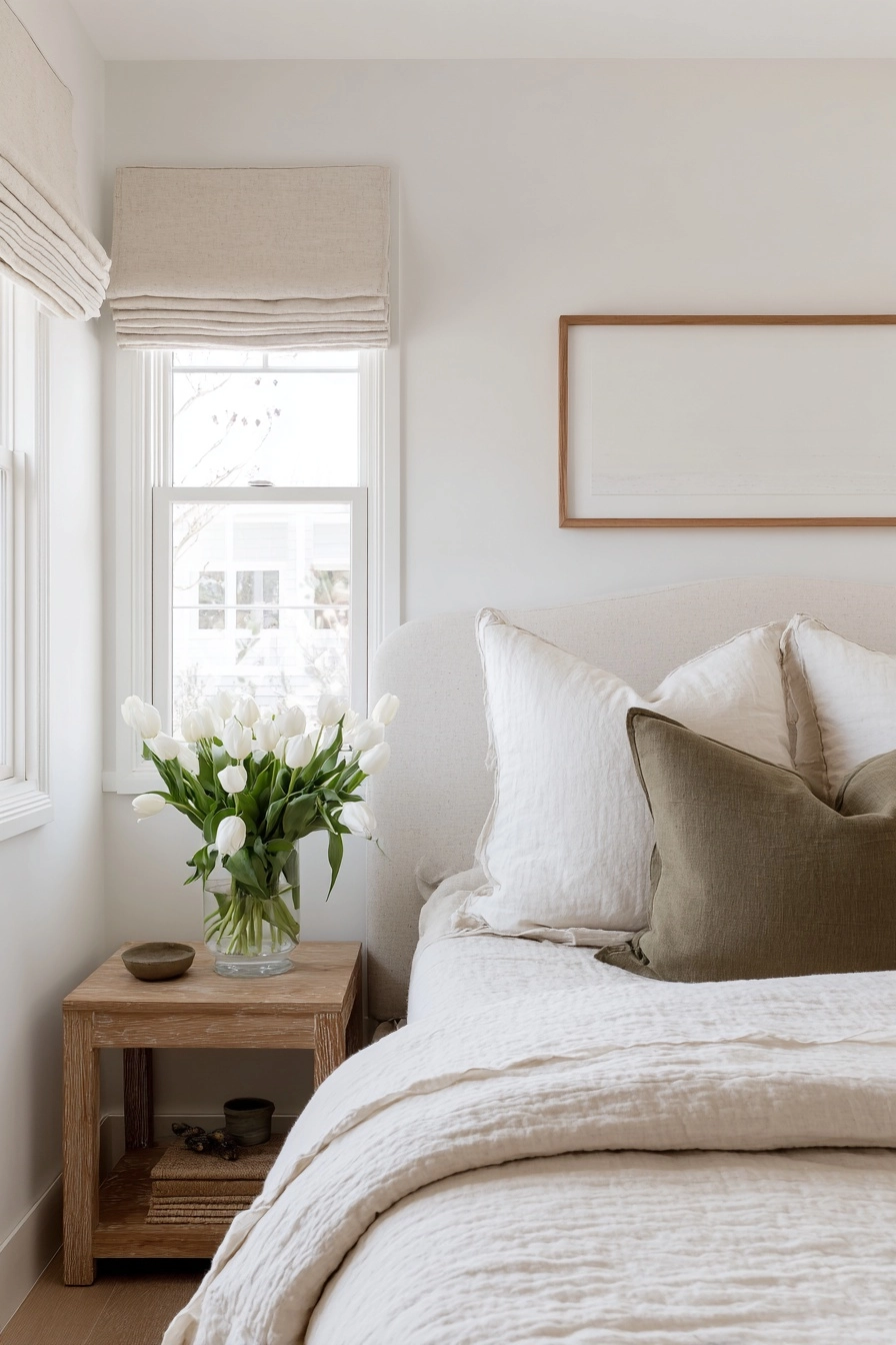 Chic bedroom, linen upholstered bed frame with cream linen quilt and linen olive green brown lumbar