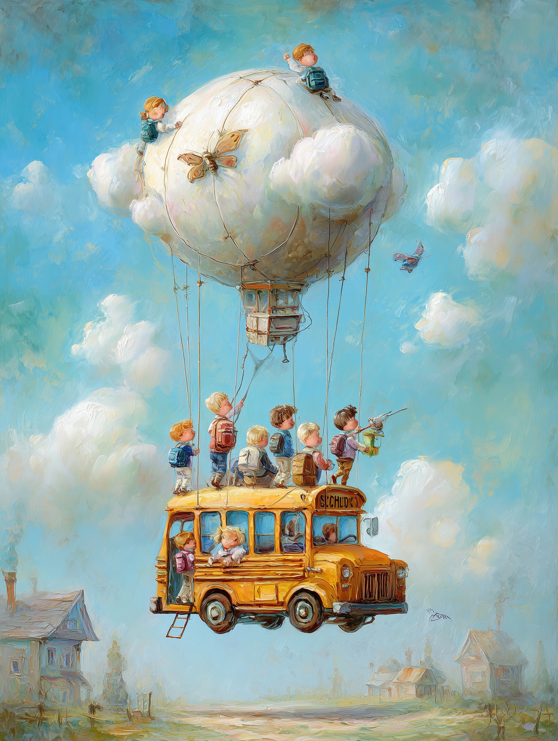 Children are going to school elevated by a helium balloon, illustration, hard brush oil painting