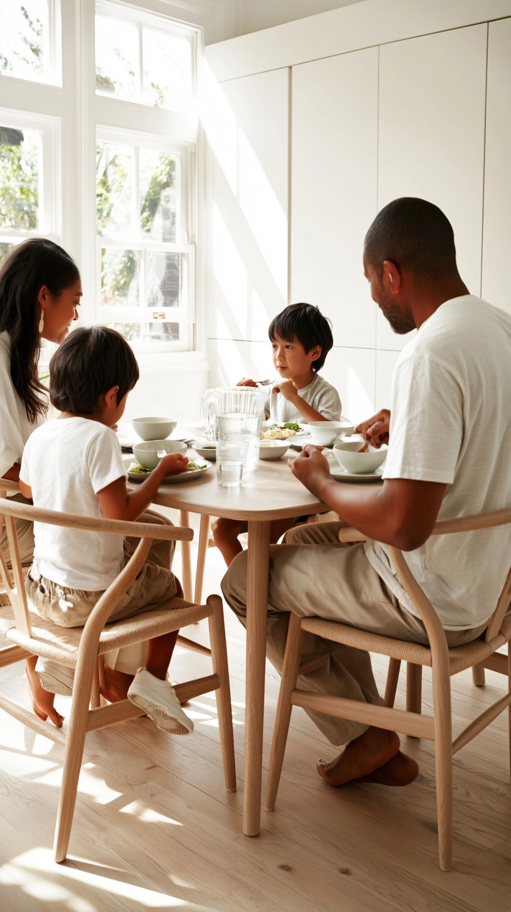 Cinematic medium shot, family of four at a small modern light oak dining table