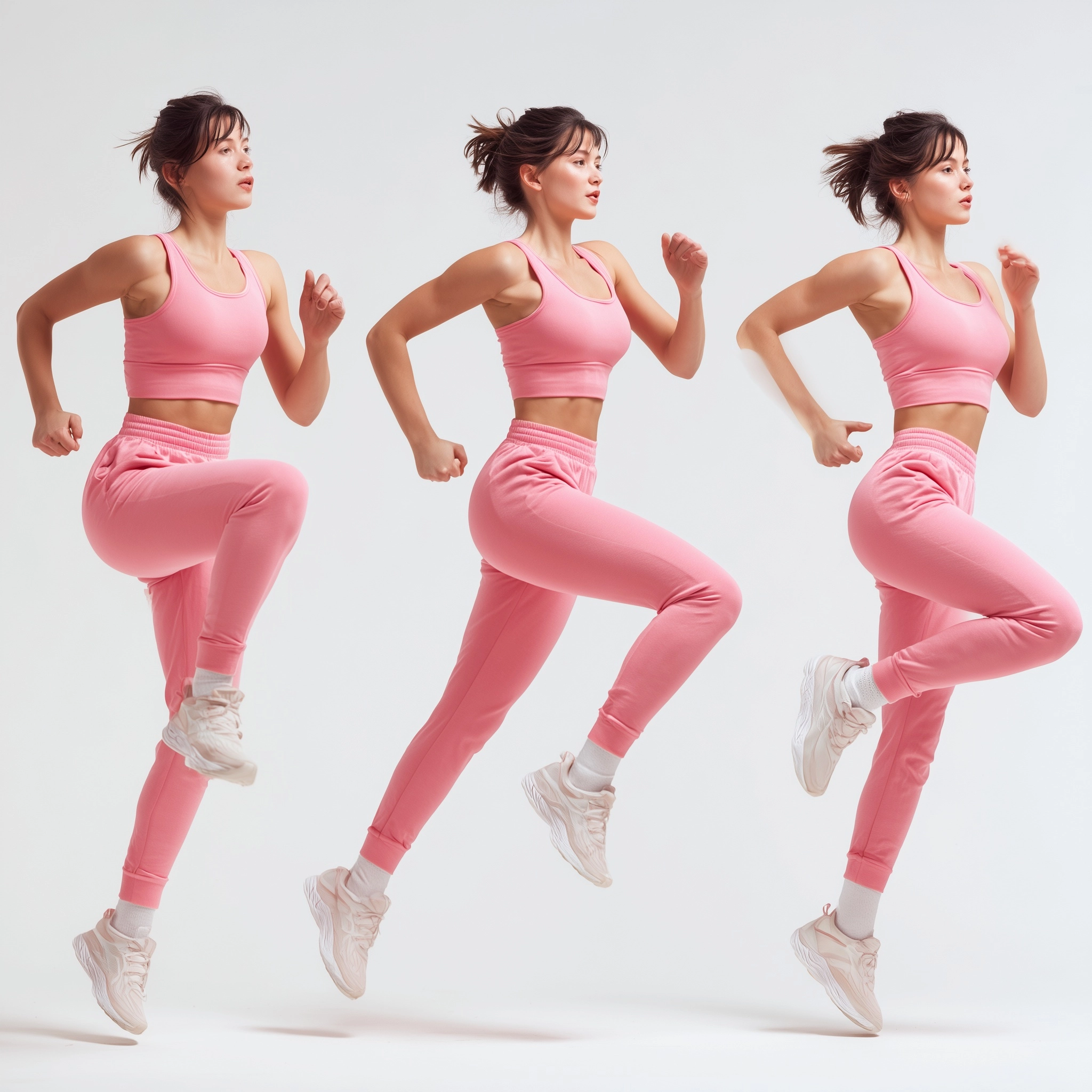 Confident young woman in pink sportswear, running, dynamic poses, strong movement