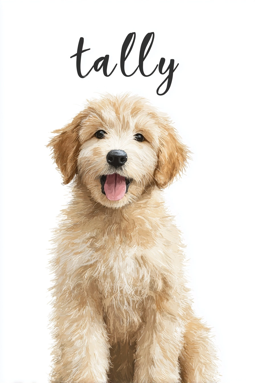 Cute, happy golden doodle puppy portrait with the word "tally" written in cursive on a white backgro
