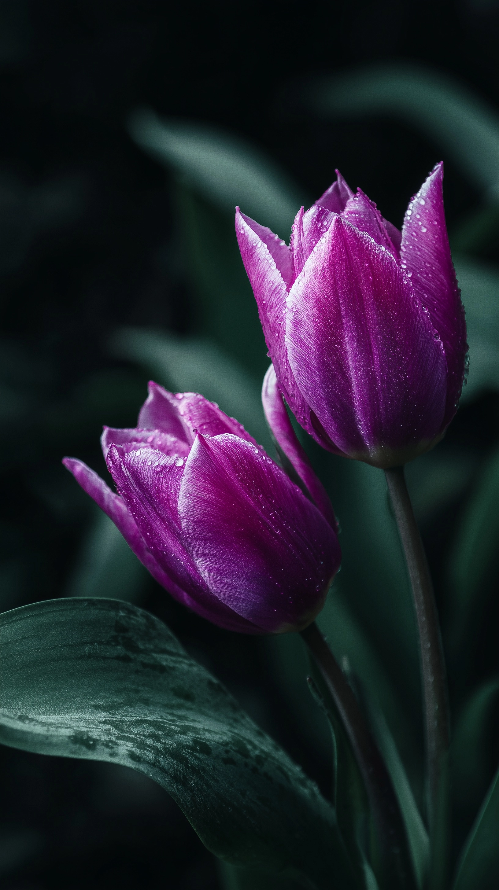 Dark background, dark green leaves, pink tulips blooming from the ground