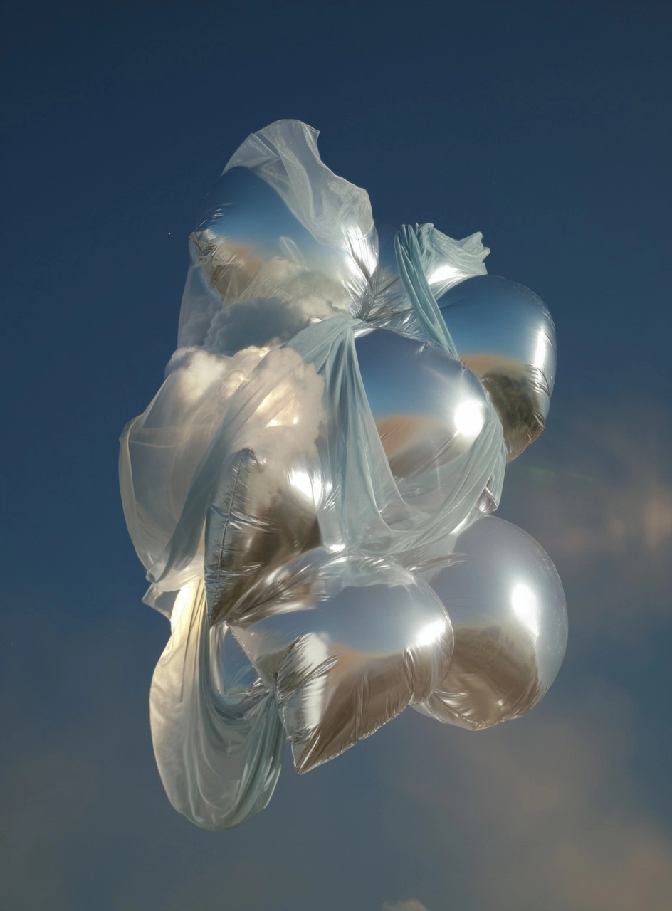Floating surreal sculpture, with White clouds drifting through and piercing the structure