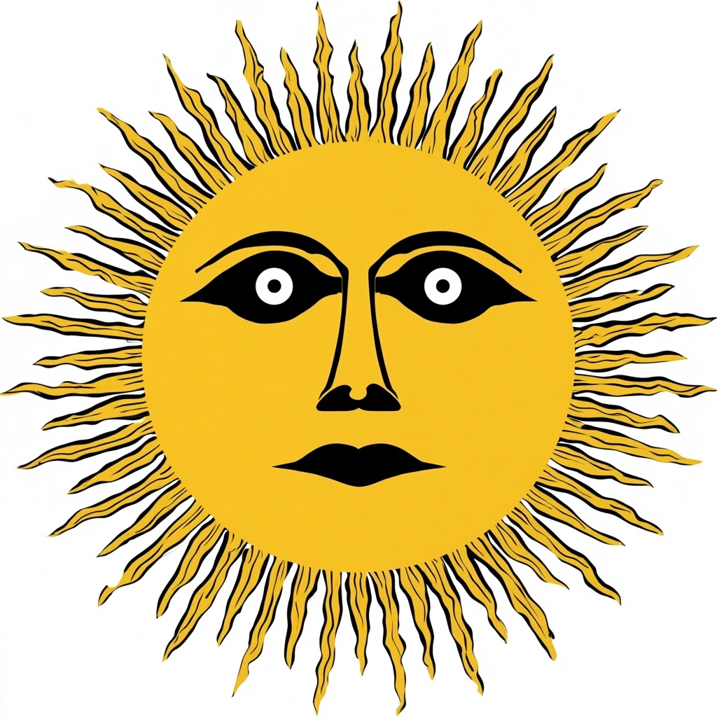 Folk art sun with a creepy human face, large staring eyes, thin black mouth, yellowish sun rays