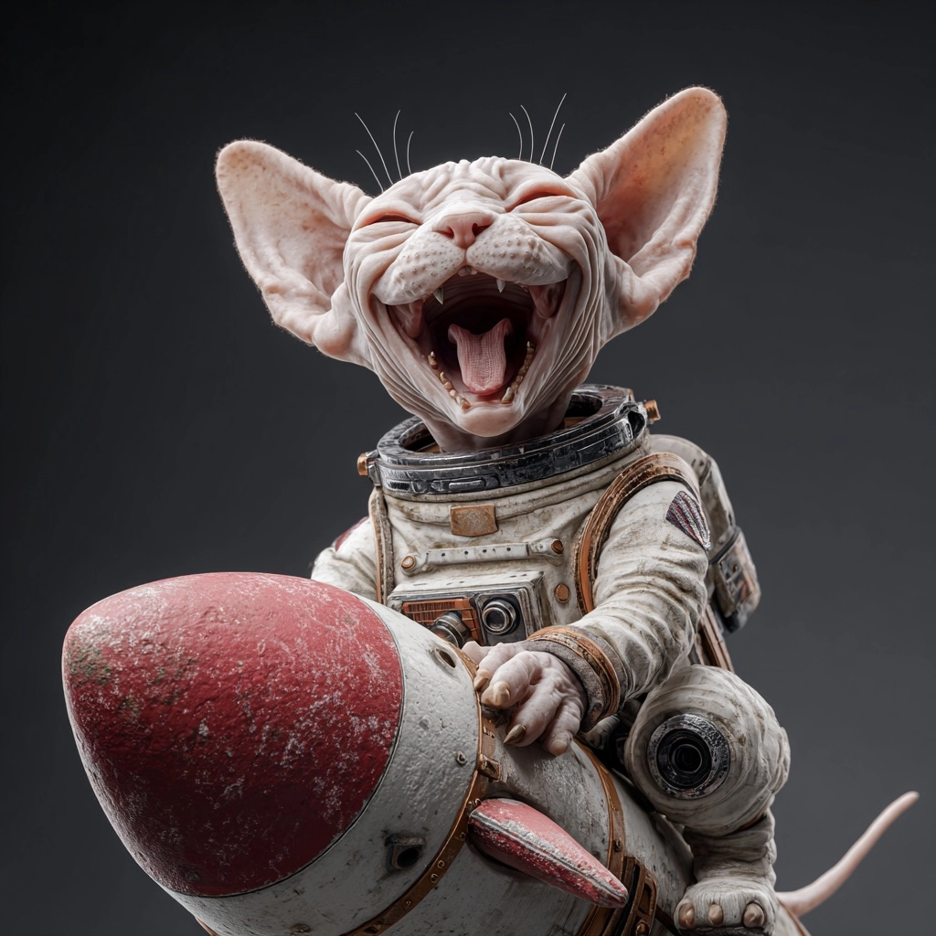 Funny and cute sphynx astronaut laughing, riding a rocket, whole body, ultra realistic