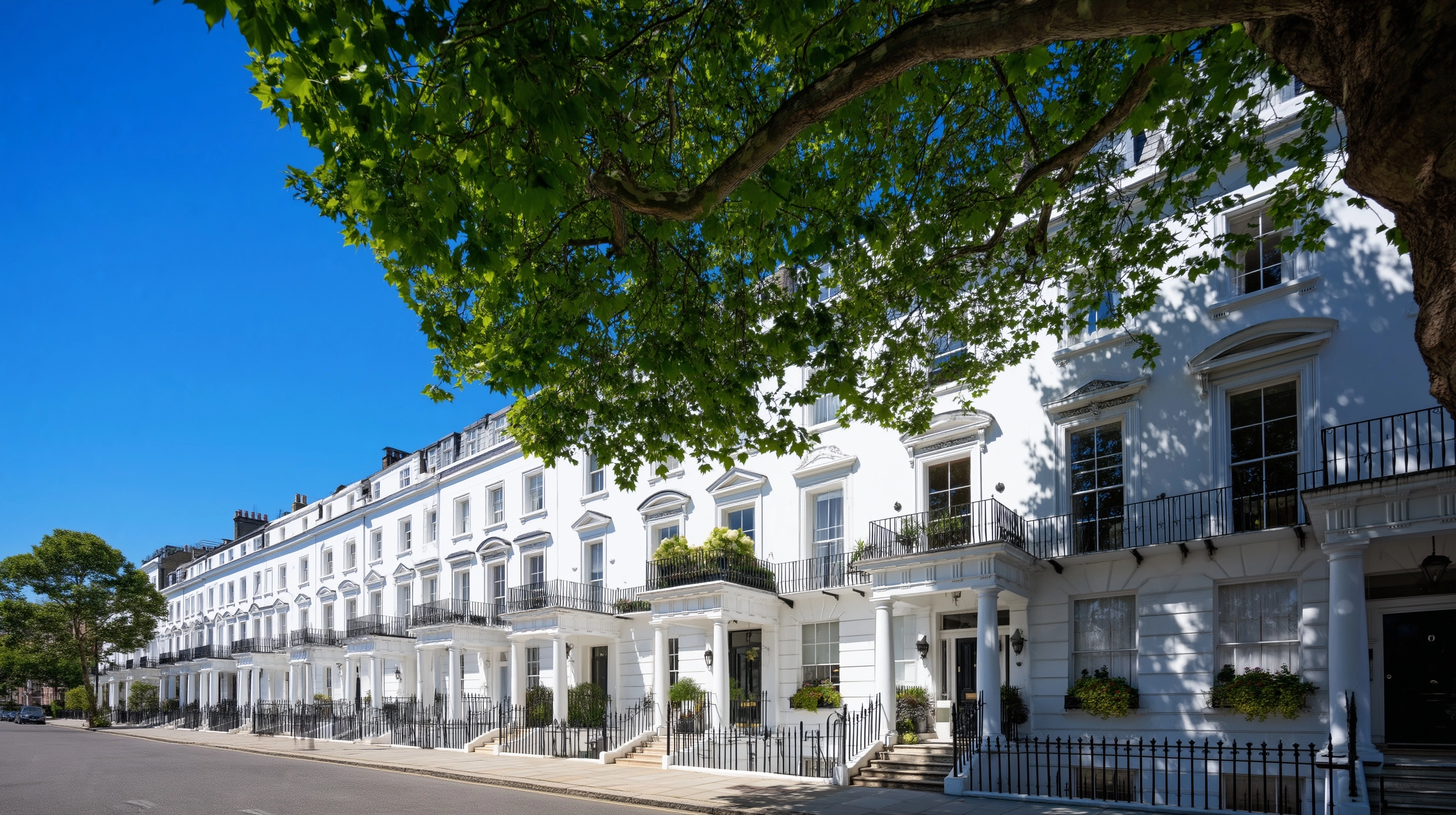 Grand georgian townhouse mayfair london, bright clear morning, vivid blue sky