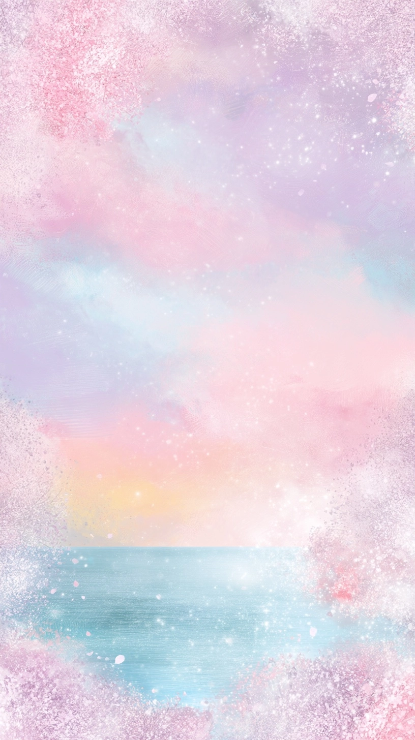Hand-painted acrylic style. Soft pastel colors. The ocean and cherry blossoms. A sparkling ocean.
