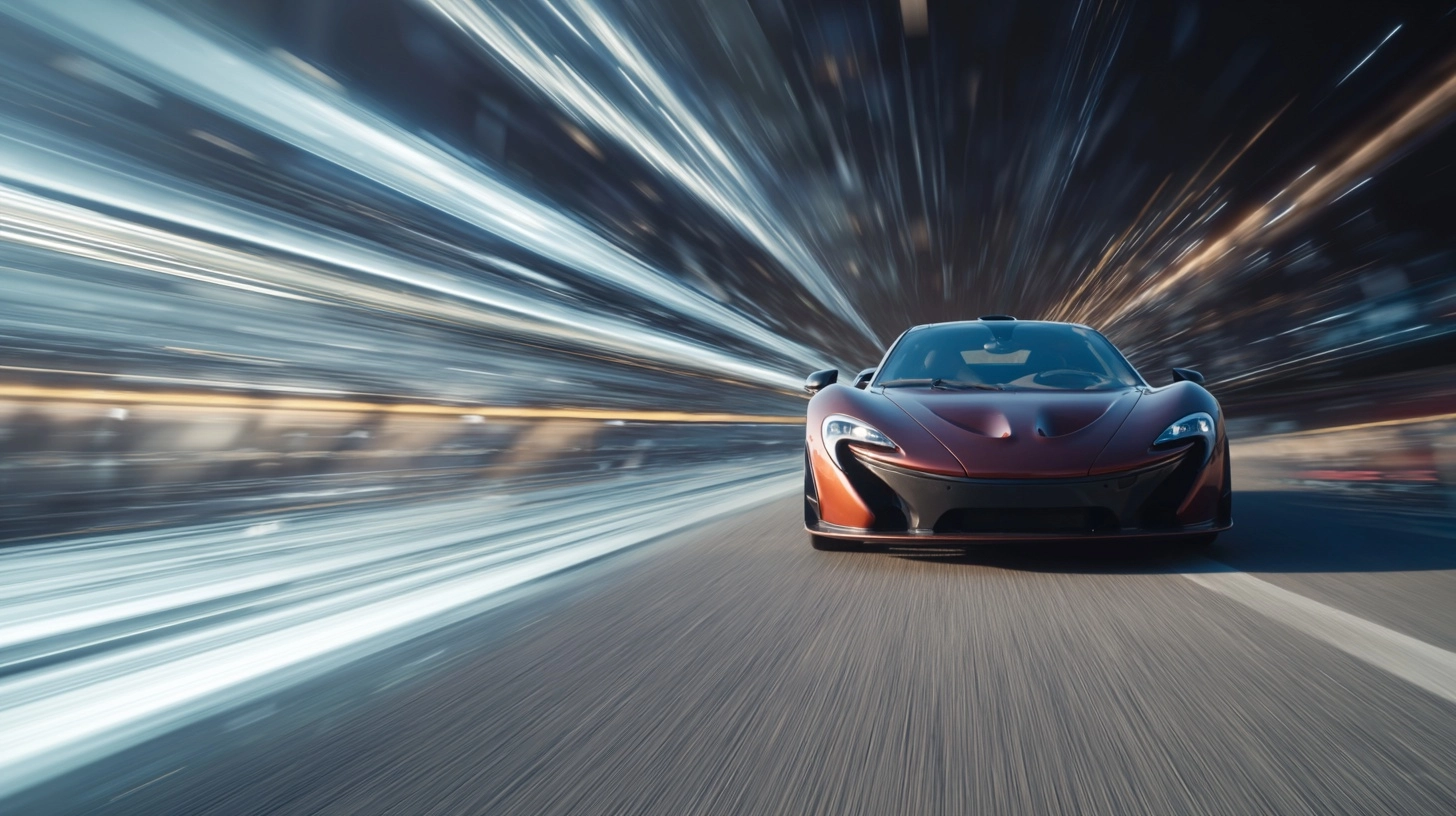 High-tech car driving forward at high speed, dynamic motion blur, fast moving