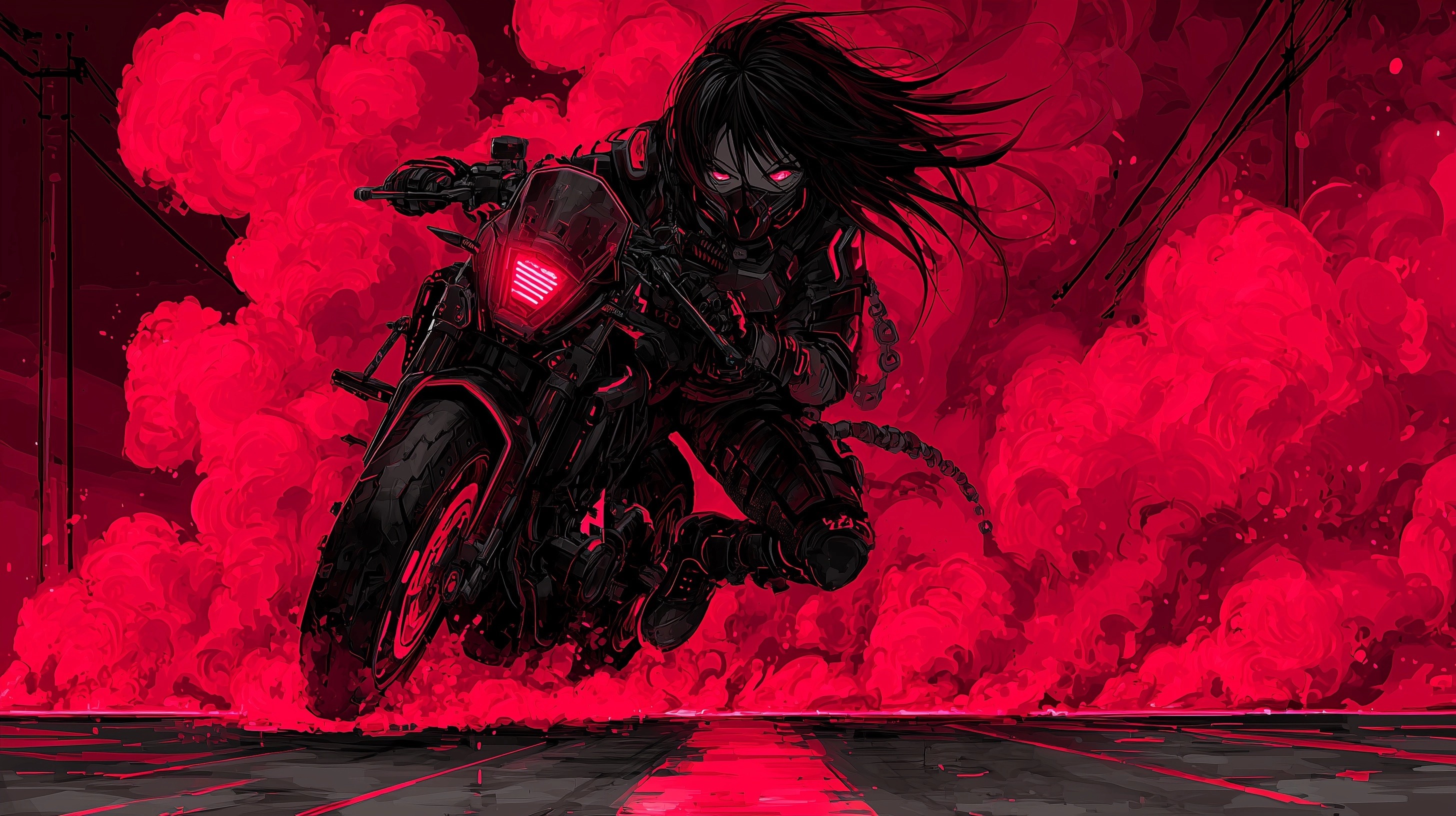 Hyper-saturated anime scene flooded with aggressive red and neon crimson hues