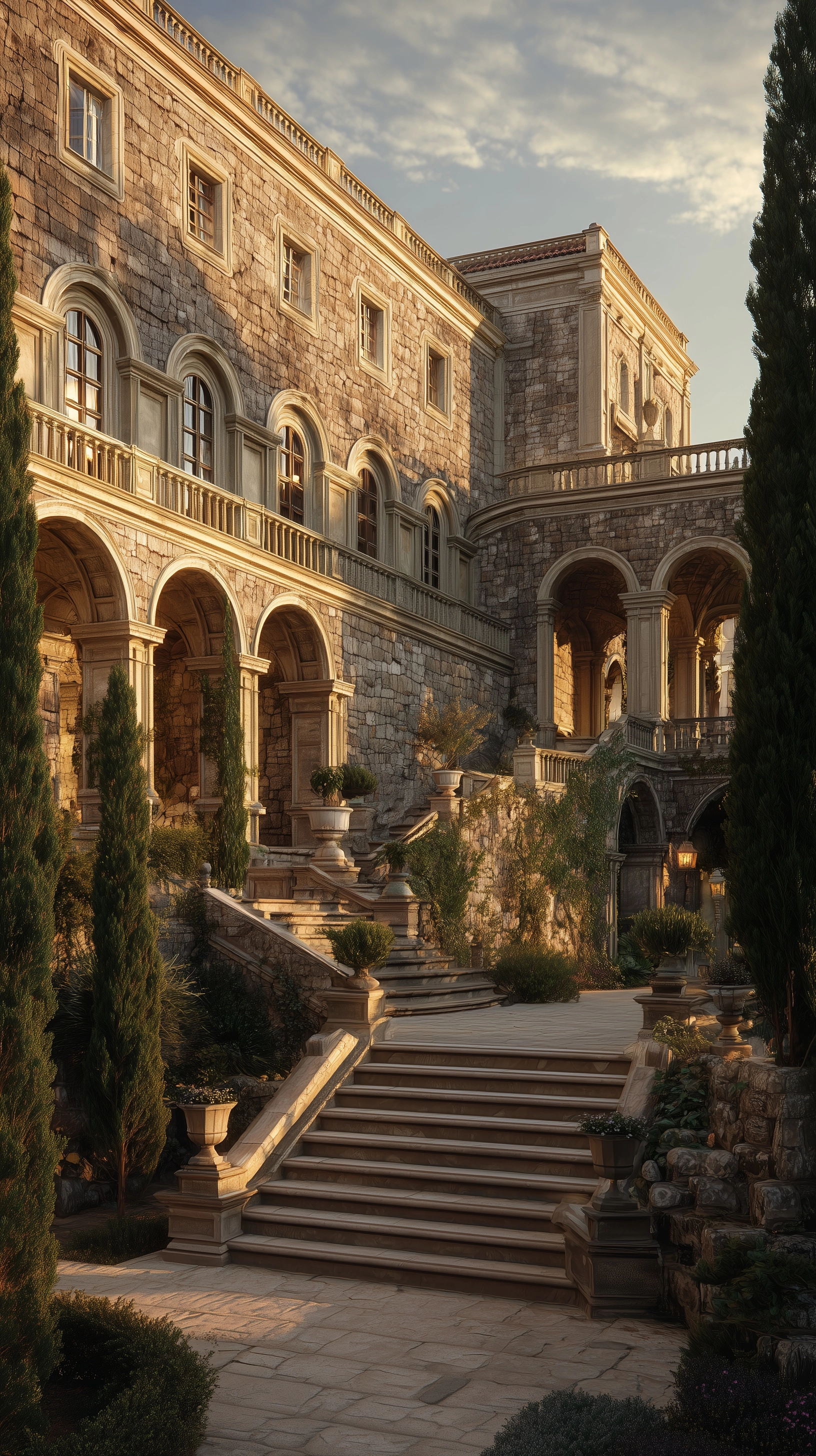 Italian renaissance palace exterior, warm stone facade, arches, grand staircase, garden courtyard