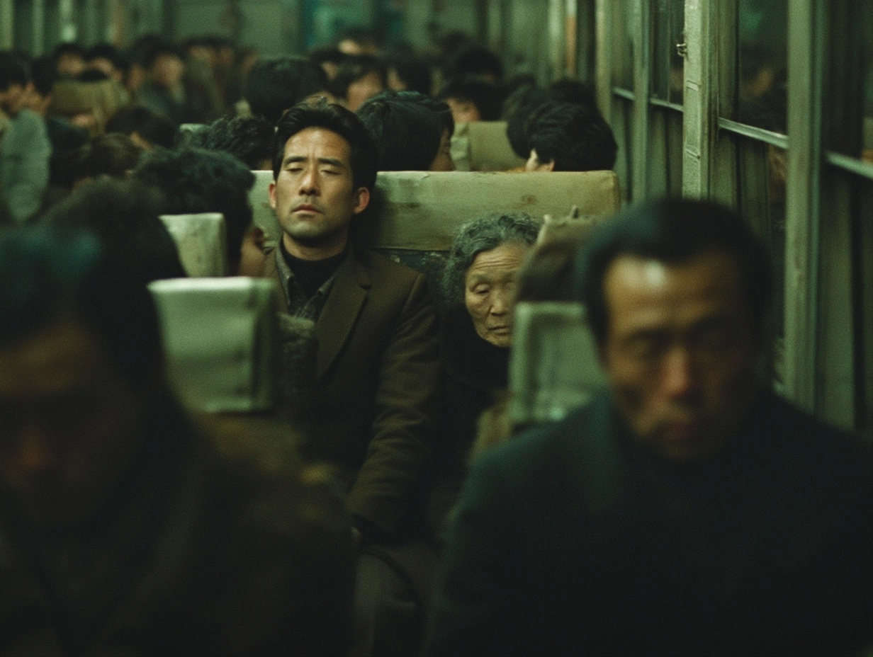 Korea, 1980s winter night, inside a crowded slow local train carriage filled with many Korean passen
