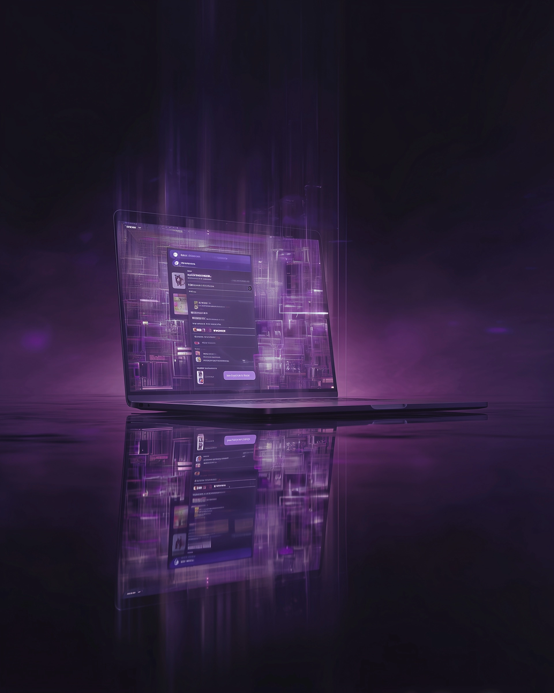 Laptop with linkedin feed on screen, sci-fi atmosphere, purple and dark gray colors
