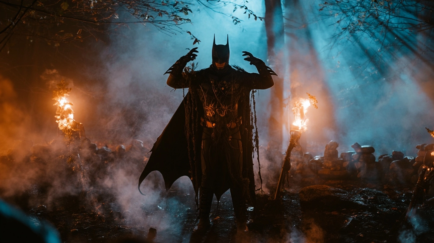 Cinematic shot, low-angle medium shot of a masked vigilante in a bat-inspired suit adorned with sham