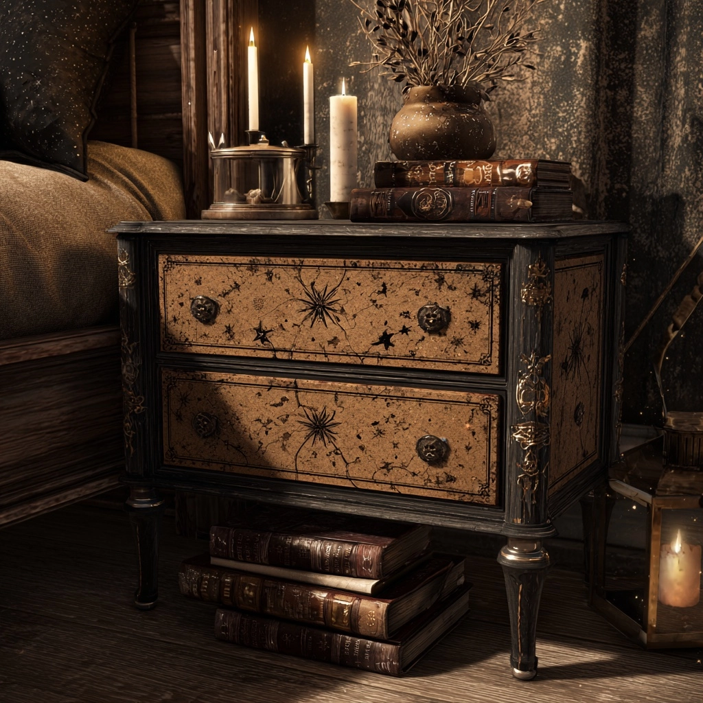 Light woods bedside draws, dark academia style, whimsical vintage, aesthetic decor