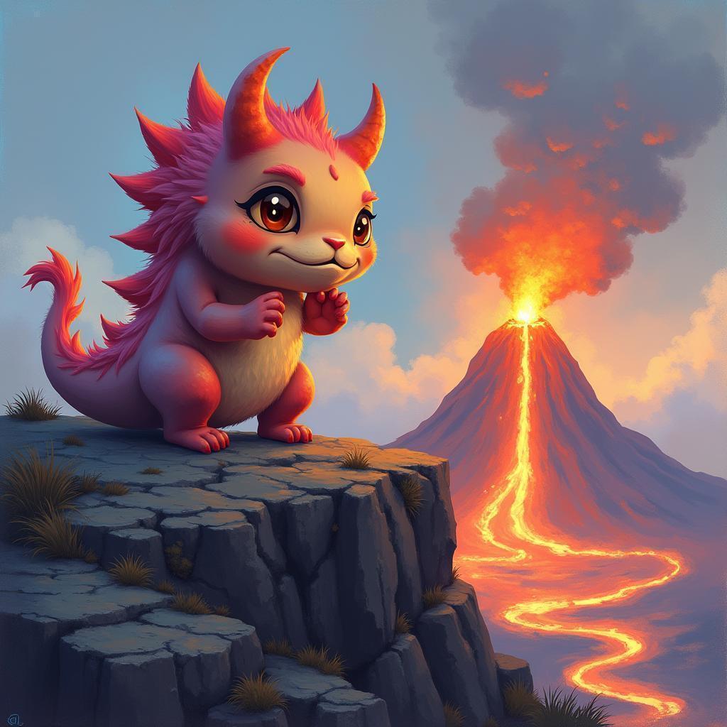 Cute Monster Perched Before an Erupting Volcano