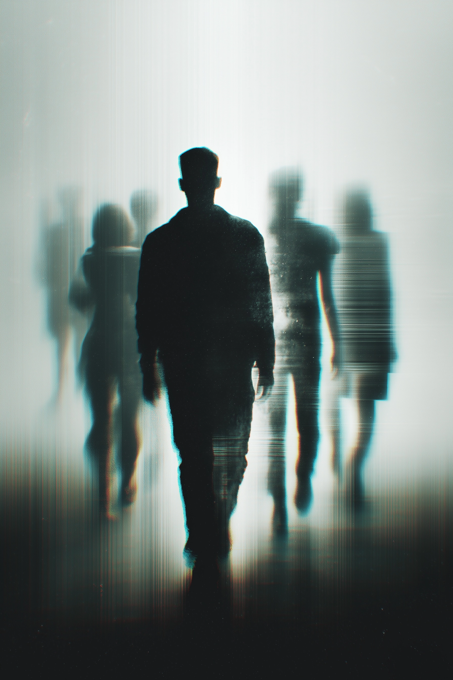 Minimalist dystopian poster, front view of single human silhouette walking forward