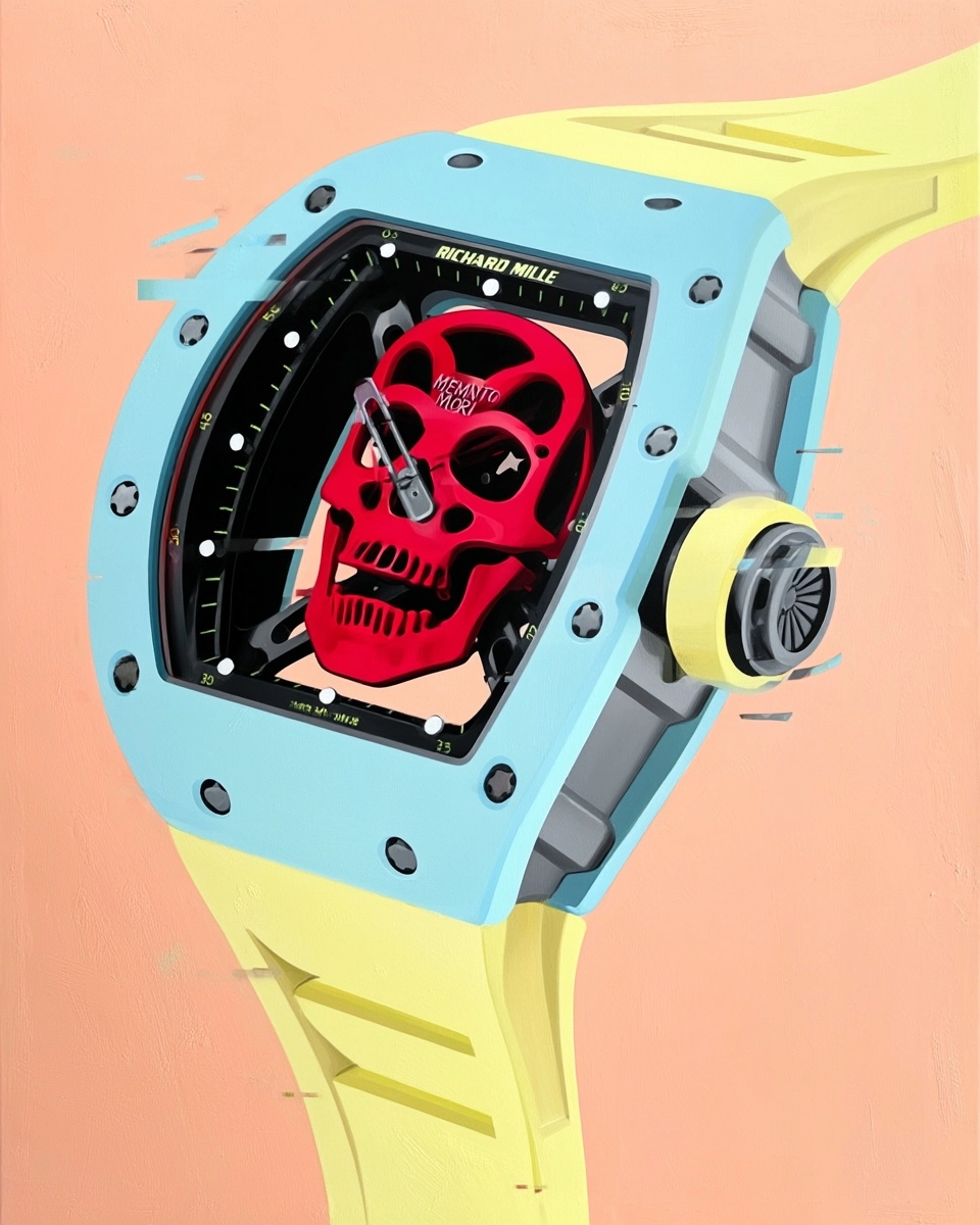 Modern pop art painting, Richard Mille watch with pale yellow rubber wrist, pale blue case