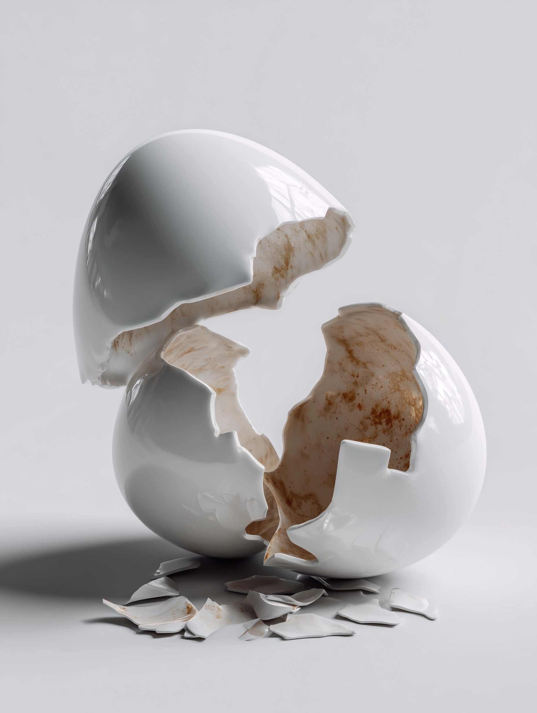 One 3D white egg is broken in two pieces, white inside, on white studio background
