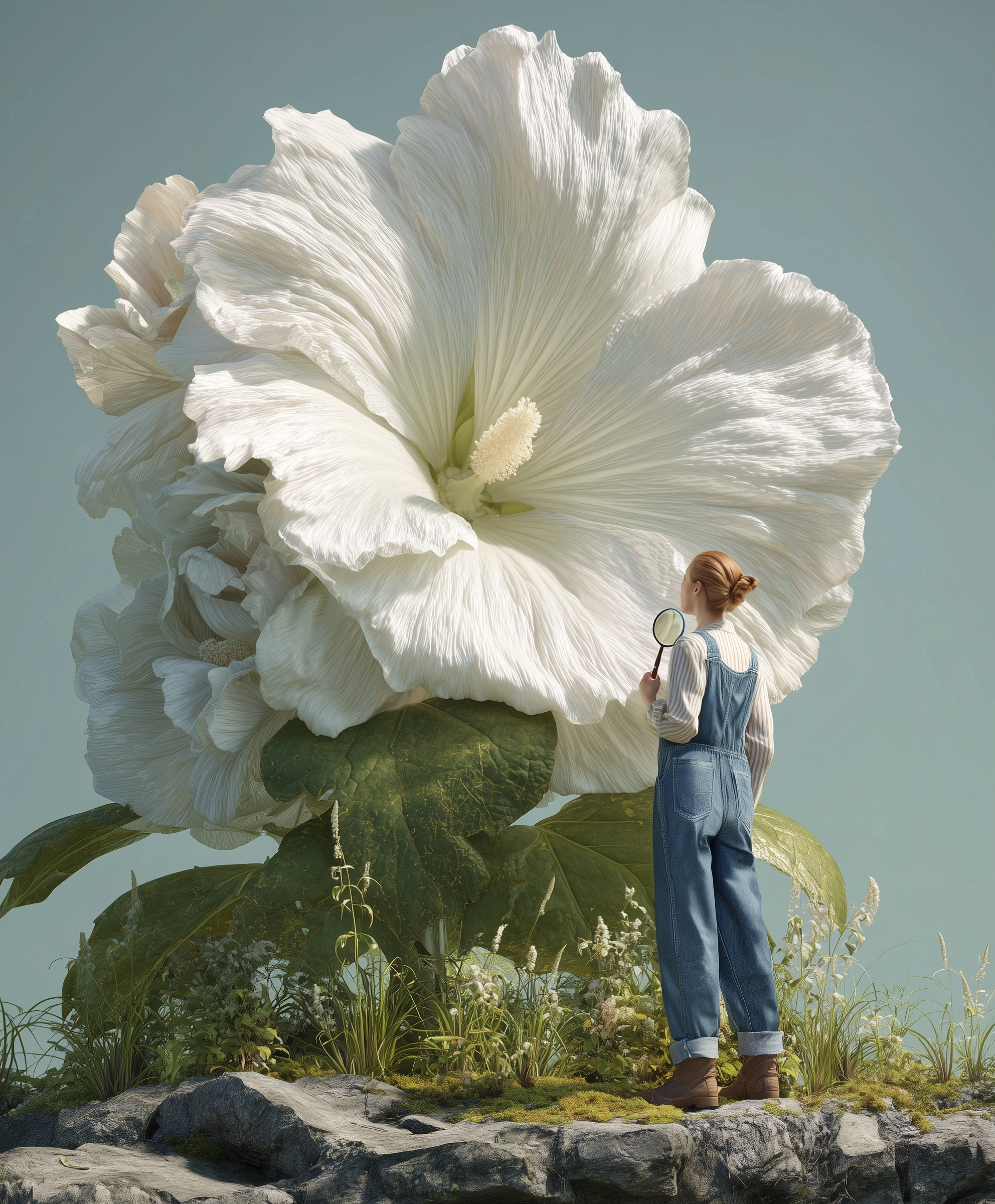 Oversized flowers larger than a human, white petals, hyper-detailed botanical texture