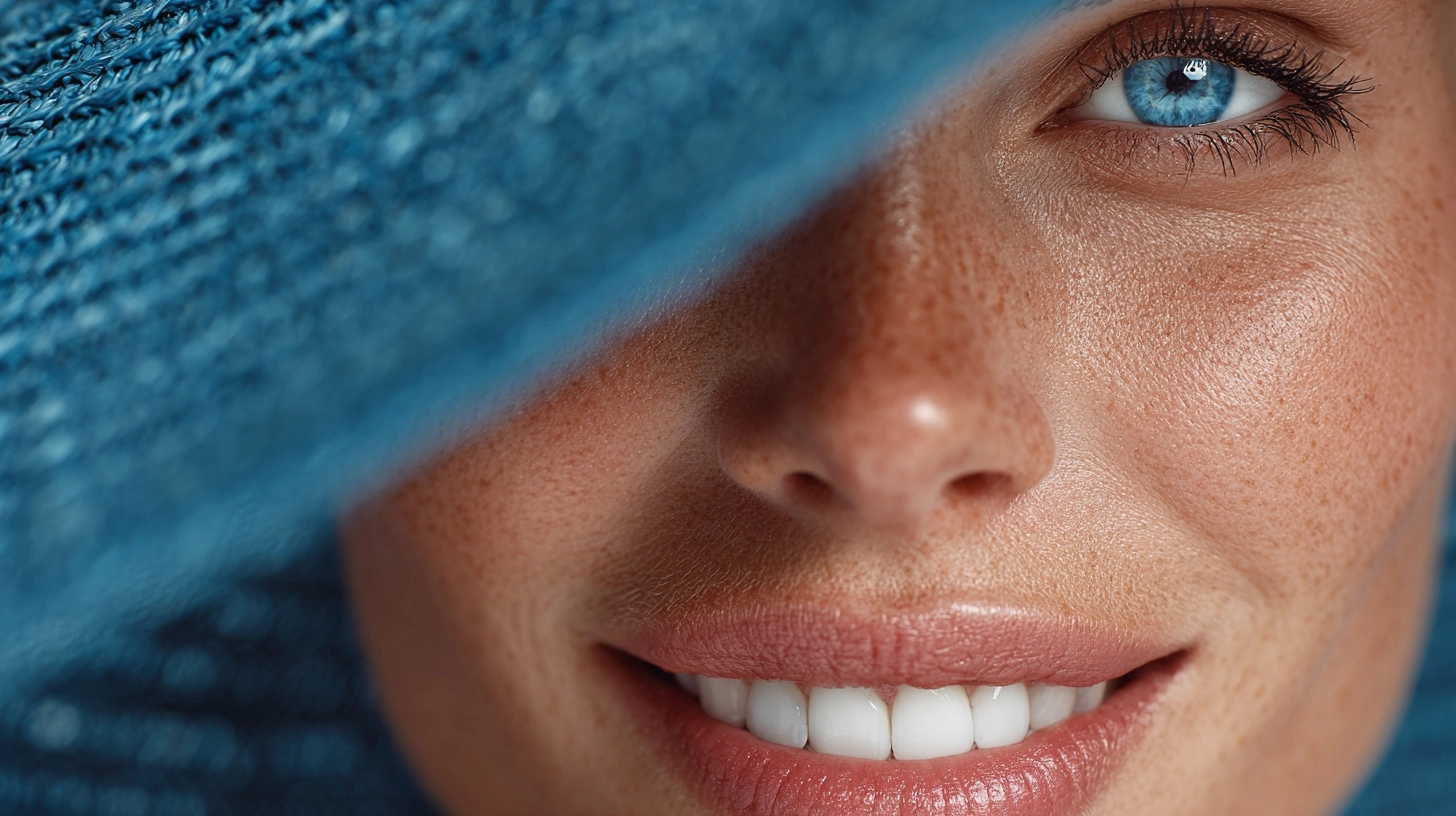 One the leftside of the canvas, closeup of the teeth of a tanned woman with perfect teeth implants