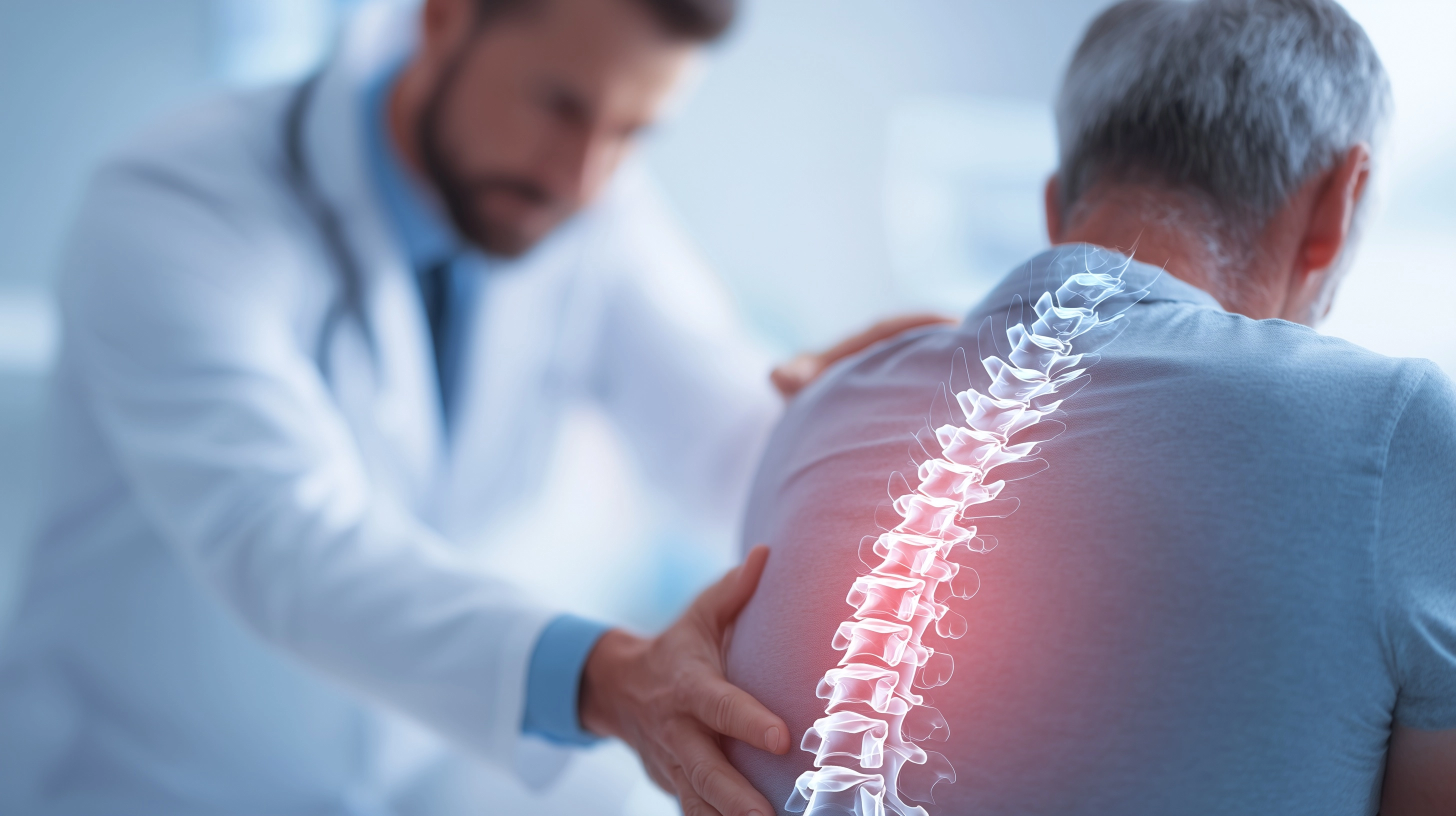 Patient leaning forward while clinician evaluates spine, focus on lower back