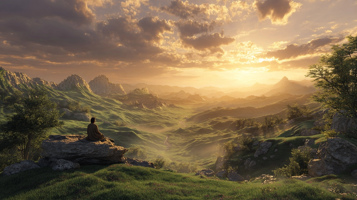 Peaceful valley at sunrise, soft golden light over rolling hills