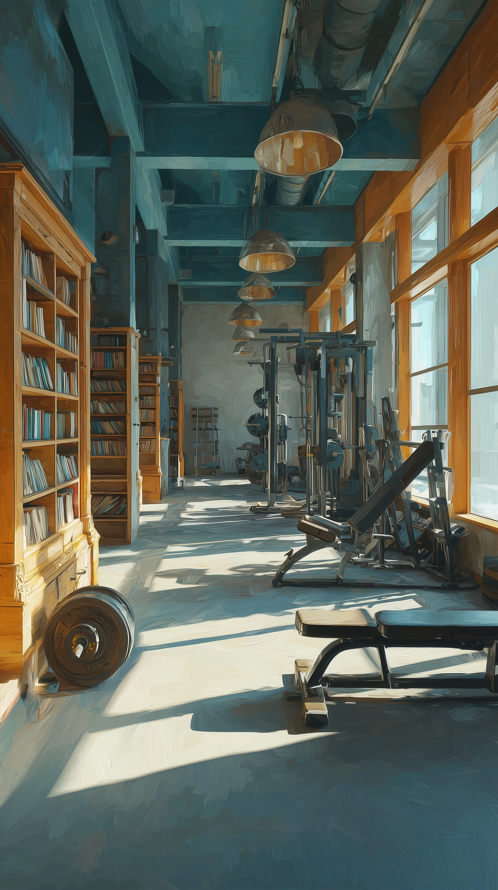 Photo Realism. A gym with weights and machines but also bookshelves on the walls. Sunshine.