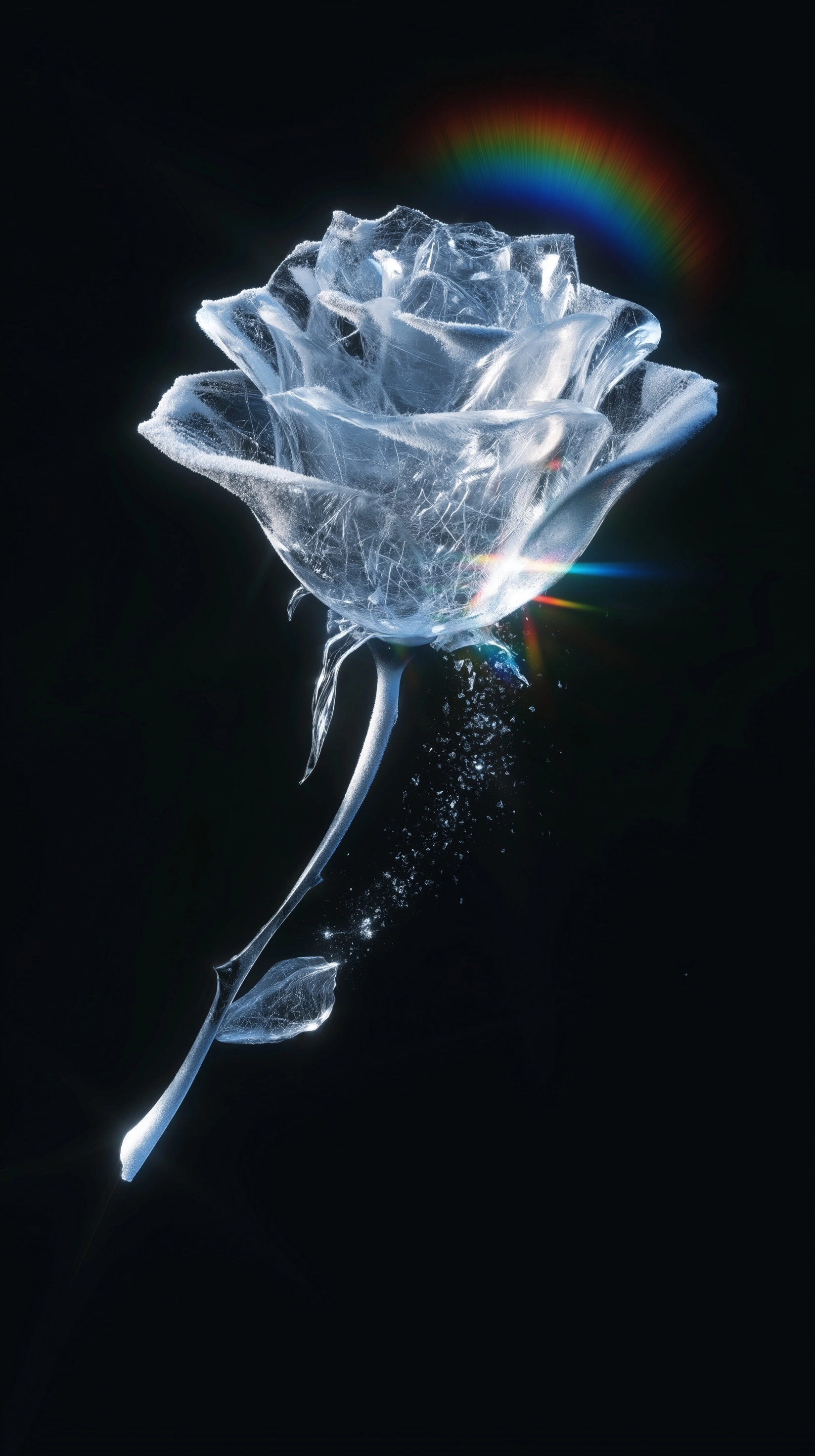 Photorealistic, close up shot, a single ice rose floating in the pure dark void background