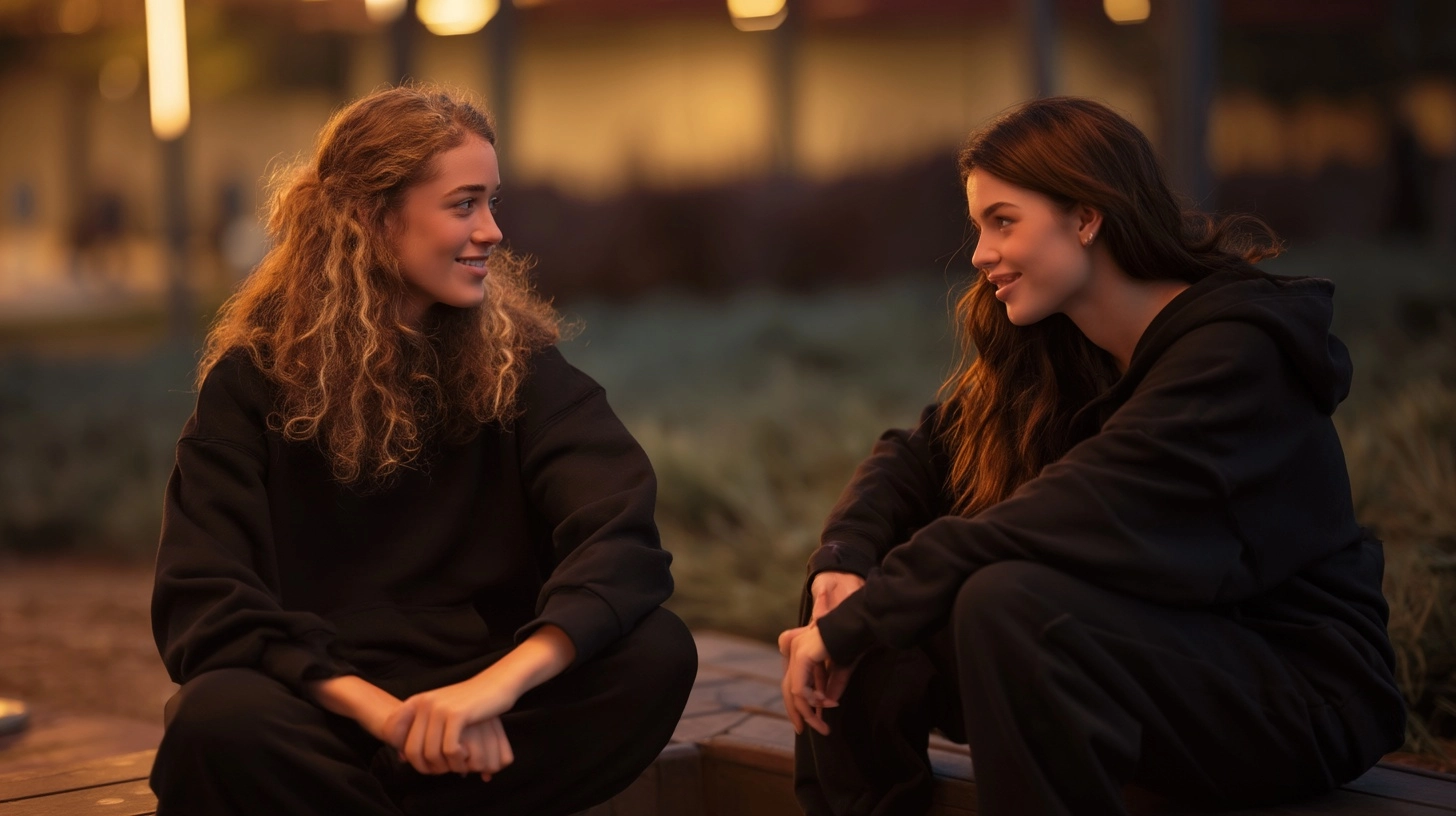 Photorealistic, two young women having a casual conversation outdoors, cozy lighting