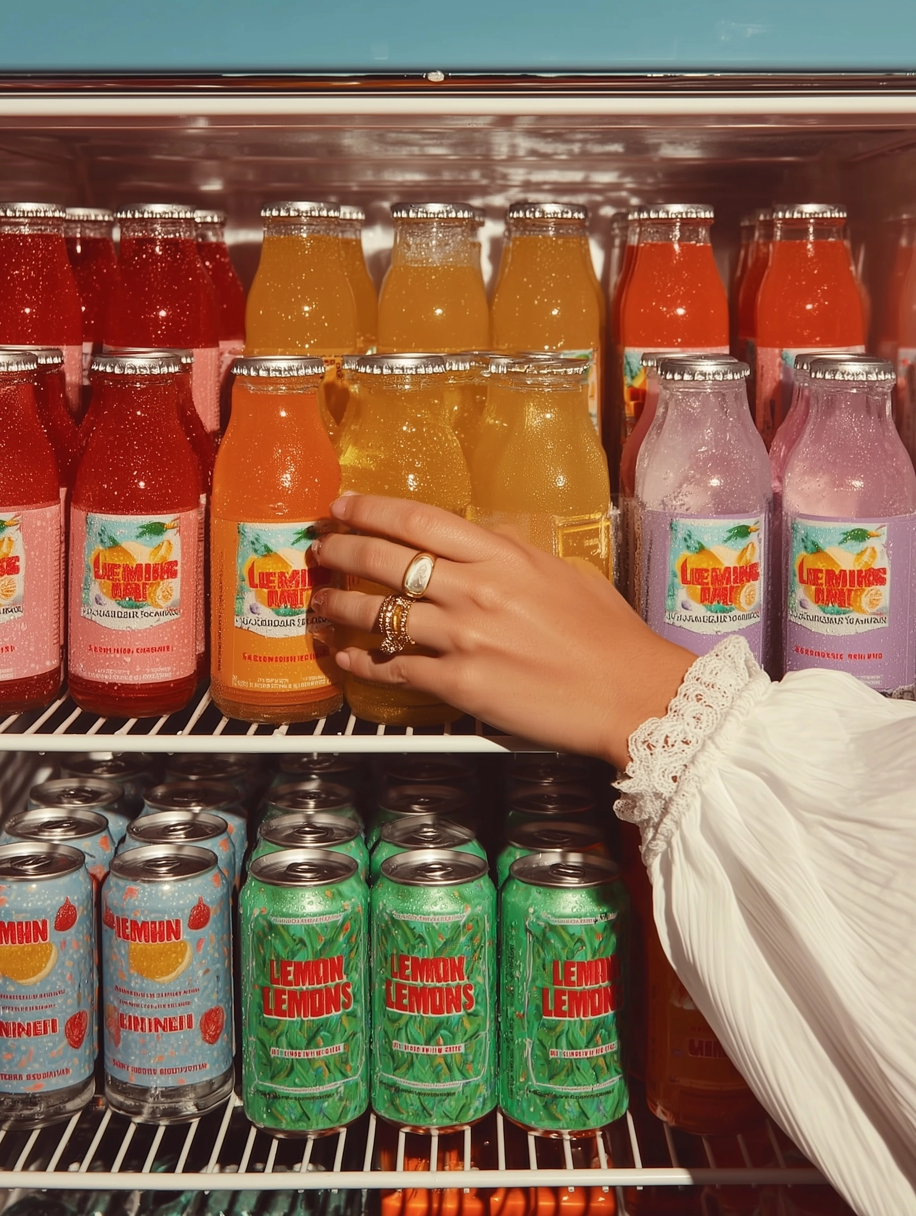 POV from inside a refrigerator, shelves filled with colorful lemonade bottles and drinks