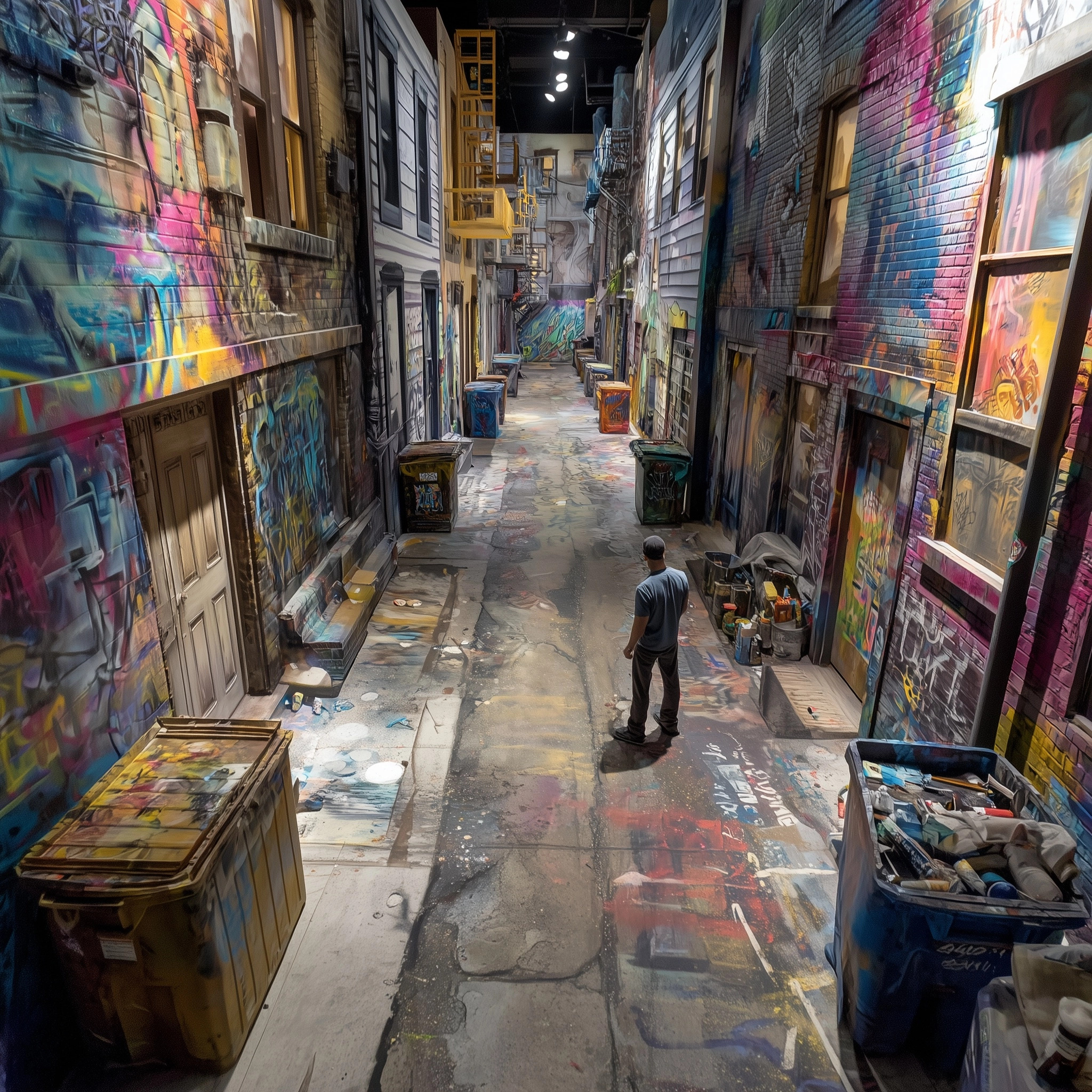 Realisitc alley graffiti street. With trash bins and a person standing in the middle that is drawing