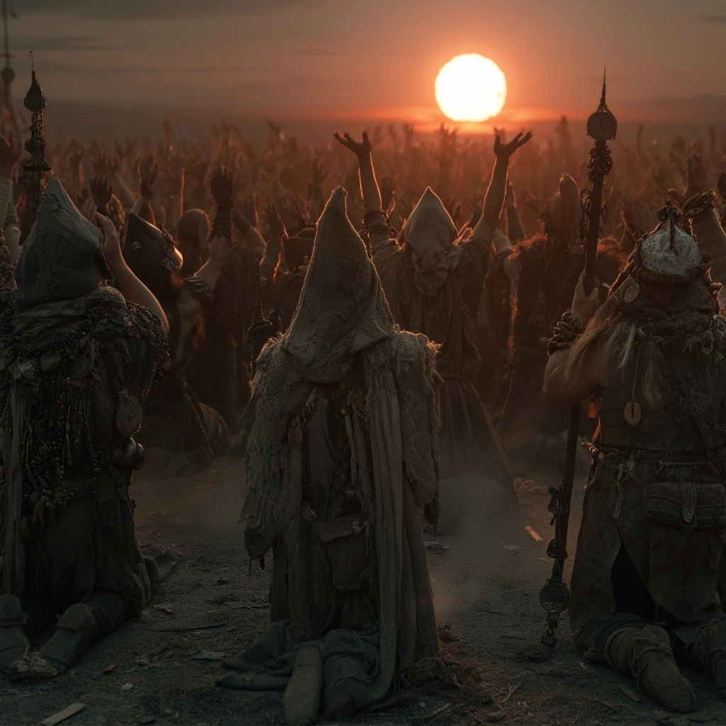 Reverse angle of a ritual crowd scene, viewed from behind and slightly above the gathered people