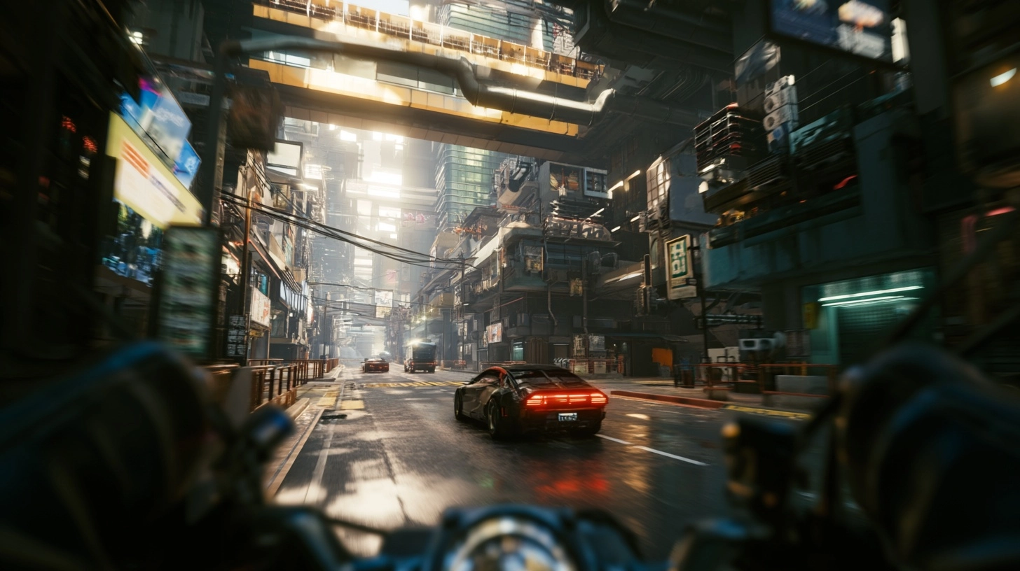 Riding motorcycle pov, cyberpunk city in daytime, little wet on the road, car passing by