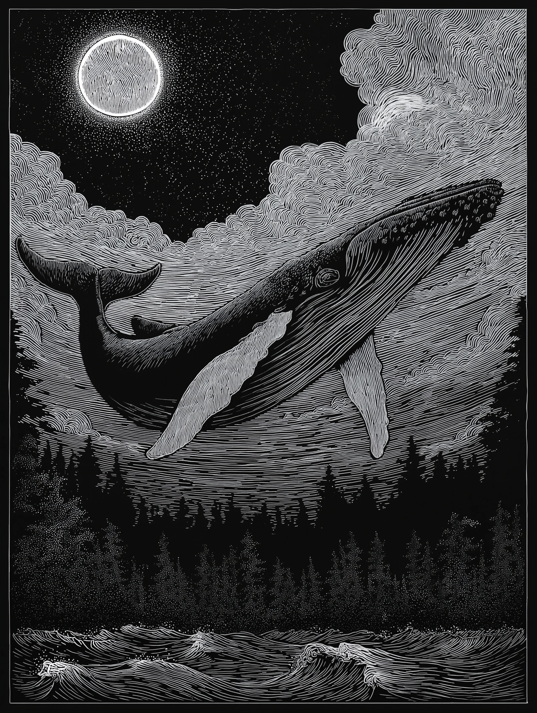 Rough black & white linocut of a humpback whale floating majestically thru the sky with a dark fores