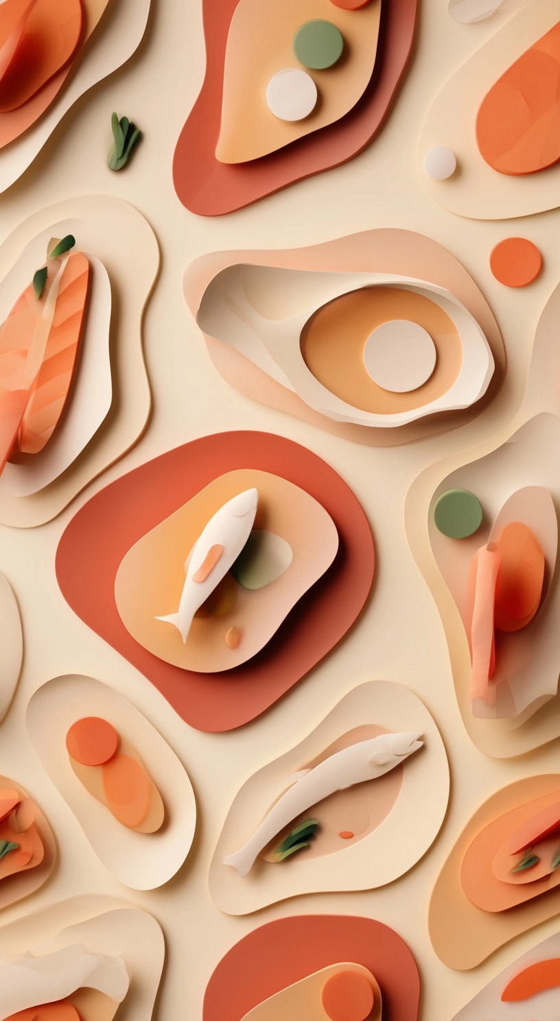 Seamless repeating pattern of fish and vegetables, top view, abstract organic flowing shapes