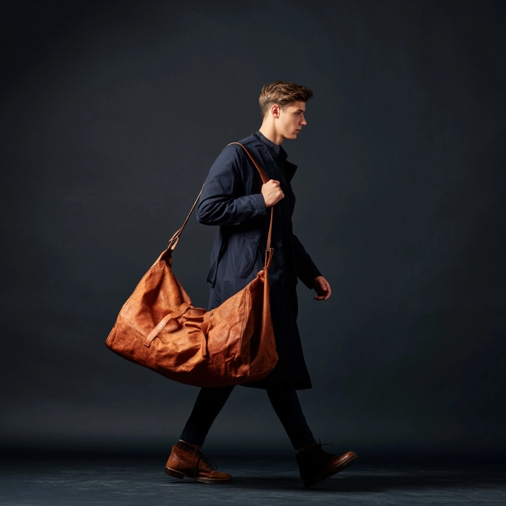 Single shot of male talent,posing walking circle, side view, wearing long trenschcoat