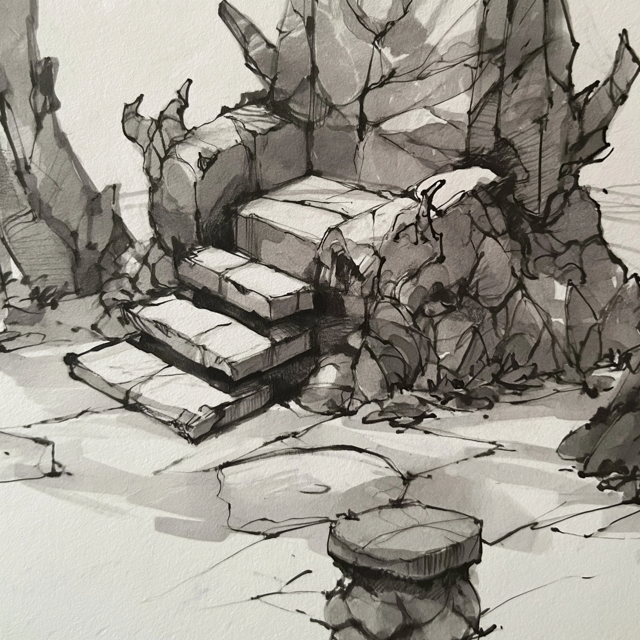 SLG game scene prop concept sketch, Chinese fantasy style, monster king’s stone throne